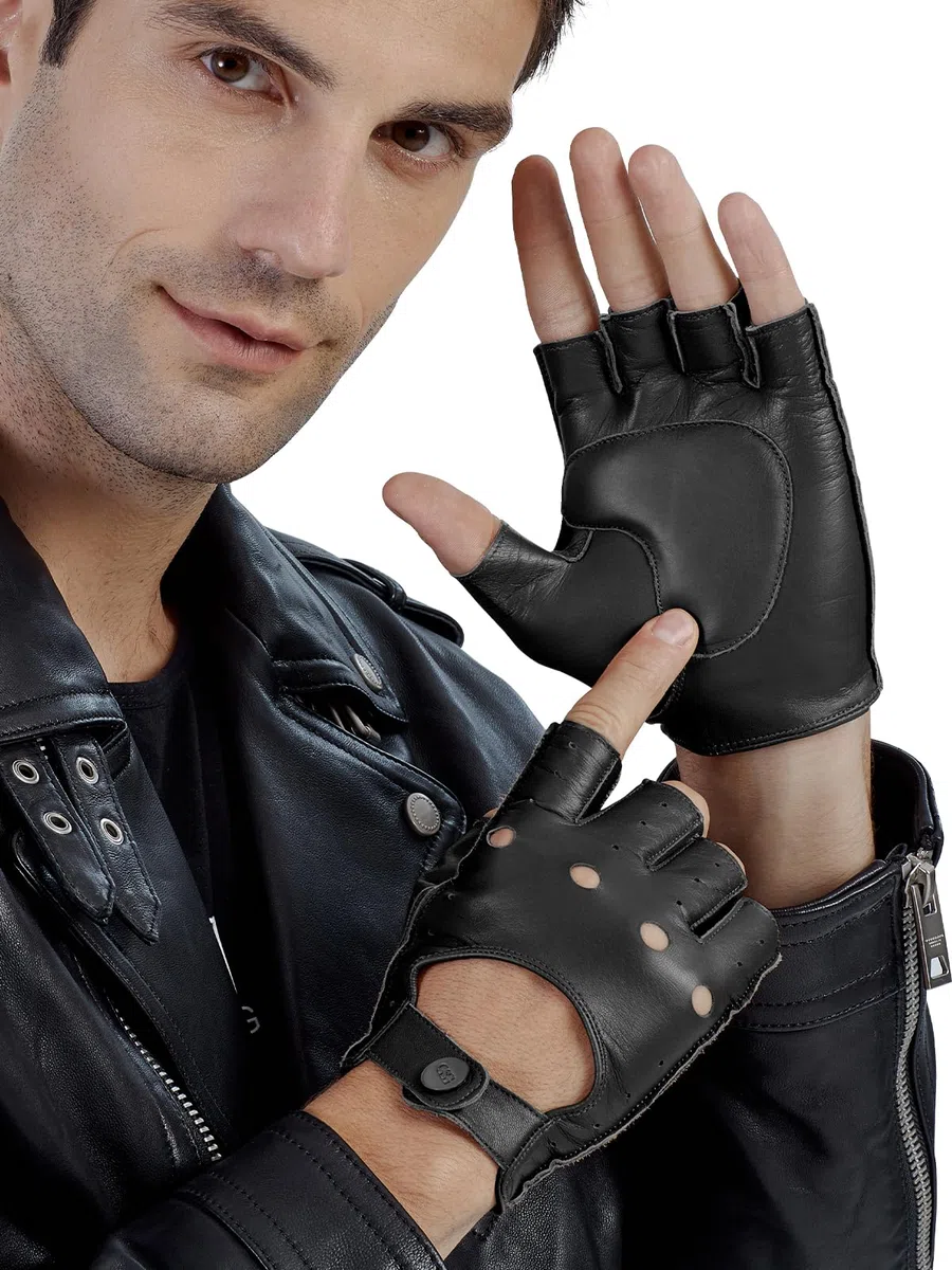 GSG SINCE 1998 Gants Sans Doigts en Cuir Véritable pour Homme Sans Doublure Demi-Doigts Dants de Conduite M161078