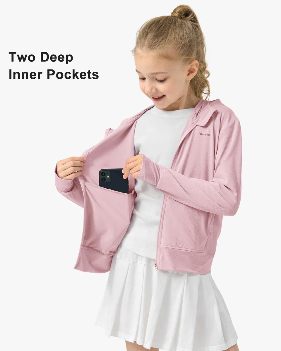 Rolanko Veste Fille à Manches Longues Protection Estivale Contre les Rayons UV Capuche à Séchage Rapide Avec Trous pour Les Pouce pour Enfants