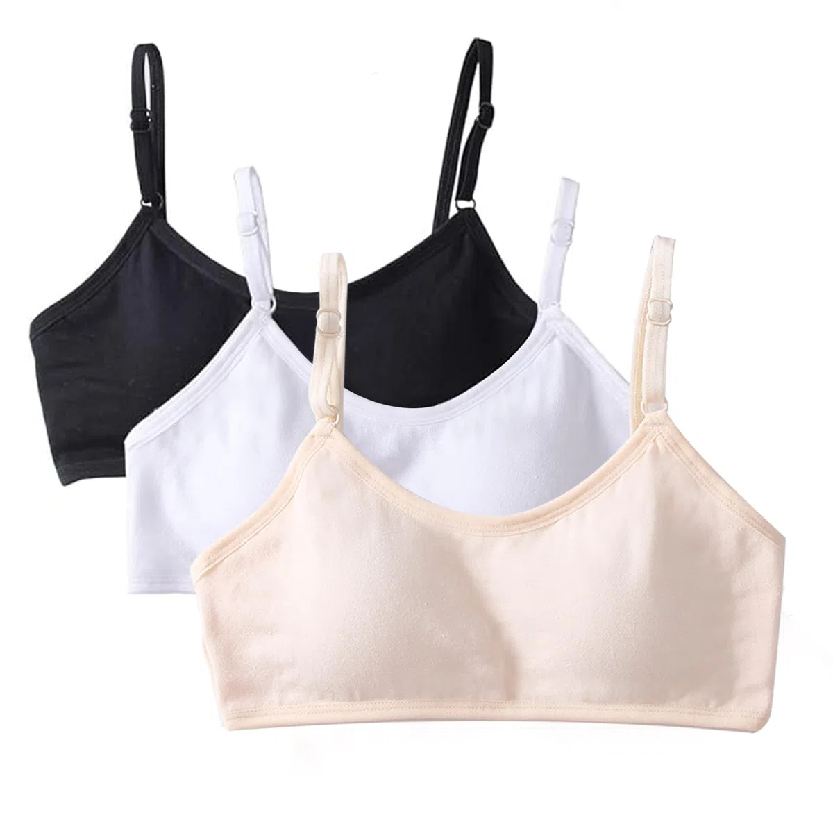 3 Pièces Soutien-Gorge d'entraînement sans Couture pour Filles, Coton Brassiere sans Armature, Réglable Haut à Bretelles et Coussinets Amovible pour Fille 10 à 14 Ans, Noir Blanc Couleur Peau
