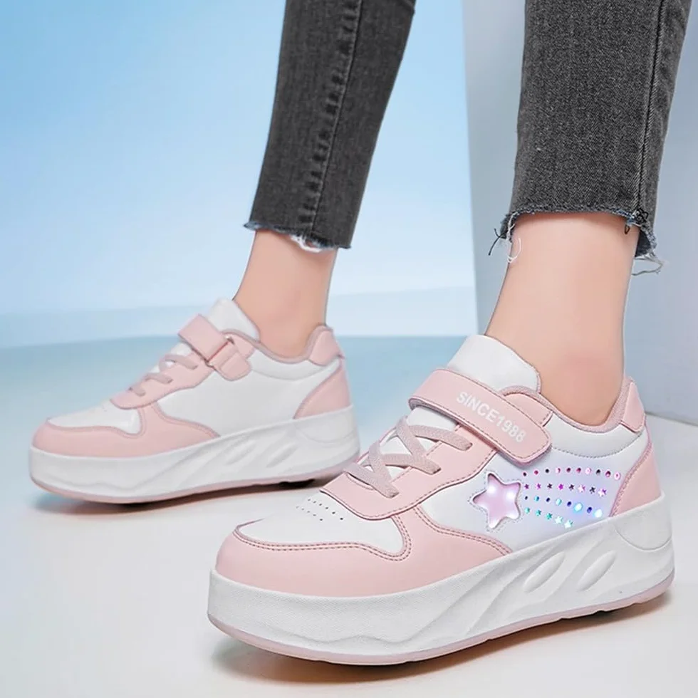 Mateju Chaussures à roulettes Enfant, Patins Baskets Étoile Brillante avec 4 roulettes Amovible pour Garçons Filles Chaussures de Skateboard Chaussures de Sport d'extérieur