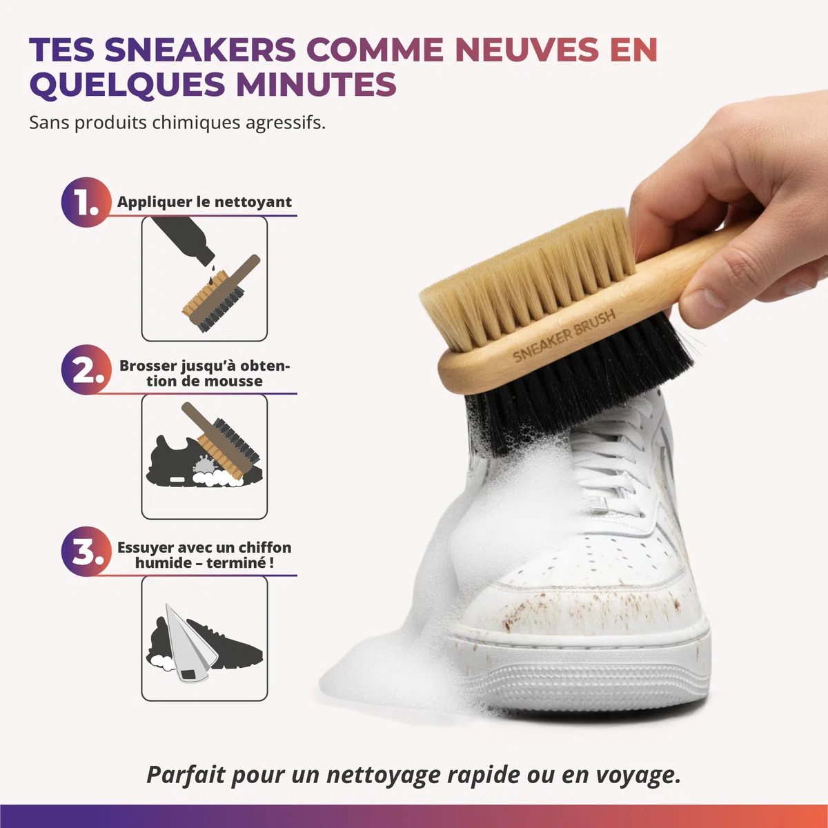 Kit Premium Nettoyage Sneakers 3 pièces | Avec brosse en bois et chiffon microfibre. Pour baskets, daim, nubuck et mesh. Nettoyage efficace et soin tout en douceur.