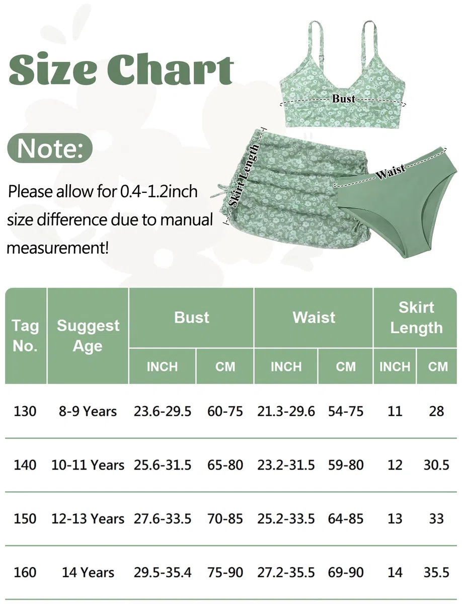Maeau Maillot de Bain Trois Pièces Fille, Ensemble de Plage Imprimée Enfant, Bikini Haut+Bikini Short+Jupe Couverte, Costume de Bain et Plage, 8-14 Ans/130-160cm