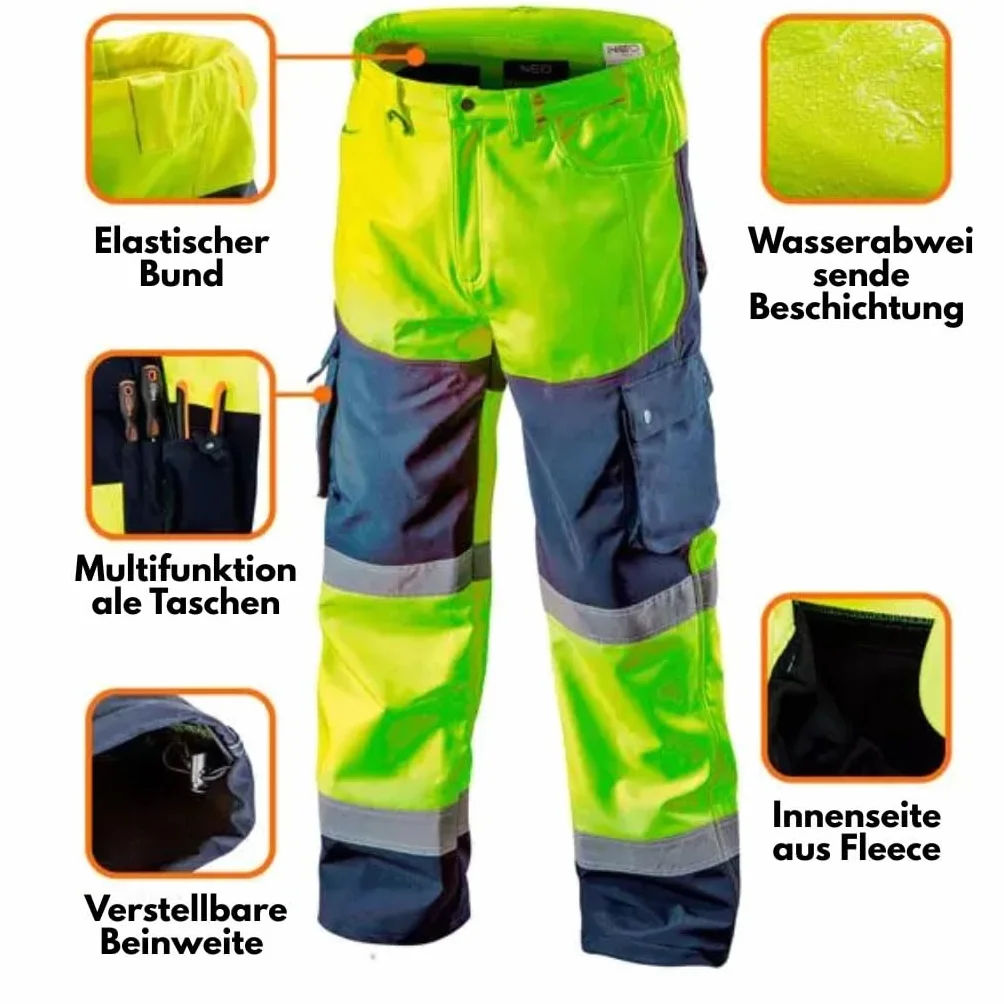 NEO TOOLS Ensemble - Pantalon de Travail Imperméable Haute Visibilité pour Hommes + Veste D'avertissement de Travail Chaude (Orange/Jaune) | Pantalon Softshell avec Doublure Polaire, S-XXL