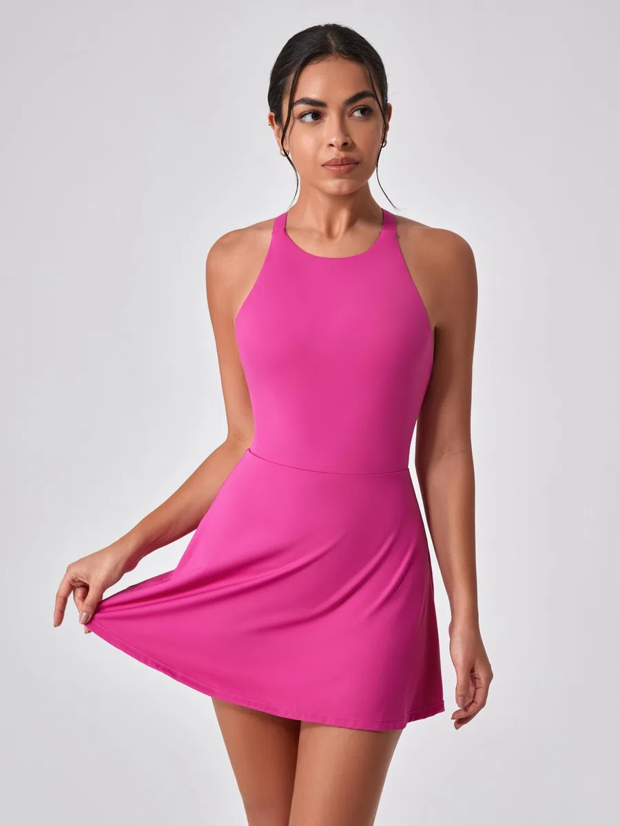 IDOPIP Robe de tennis pour femme - Avec soutien-gorge intégré et short - Poche croisée dans le dos - Robe de sport pour fille - Robe d'entraînement décontractée - Robe débardeur - Entraînement