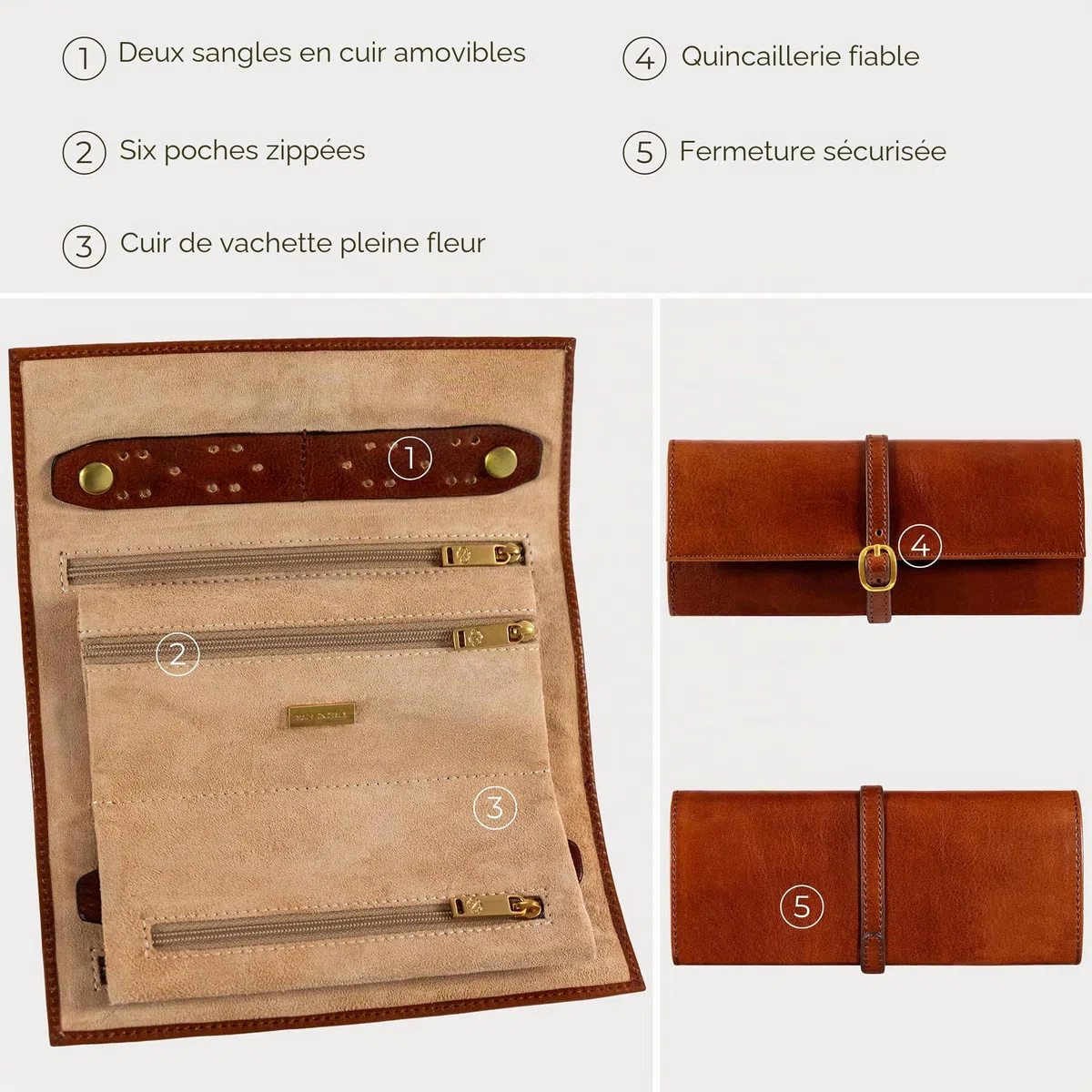 Time Resistance Rouleau de bijoux en cuir - Étui à bijoux de voyage en cuir pleine fleur - Organisateur de bijoux fabriqué en Italie (Marron Cognac)