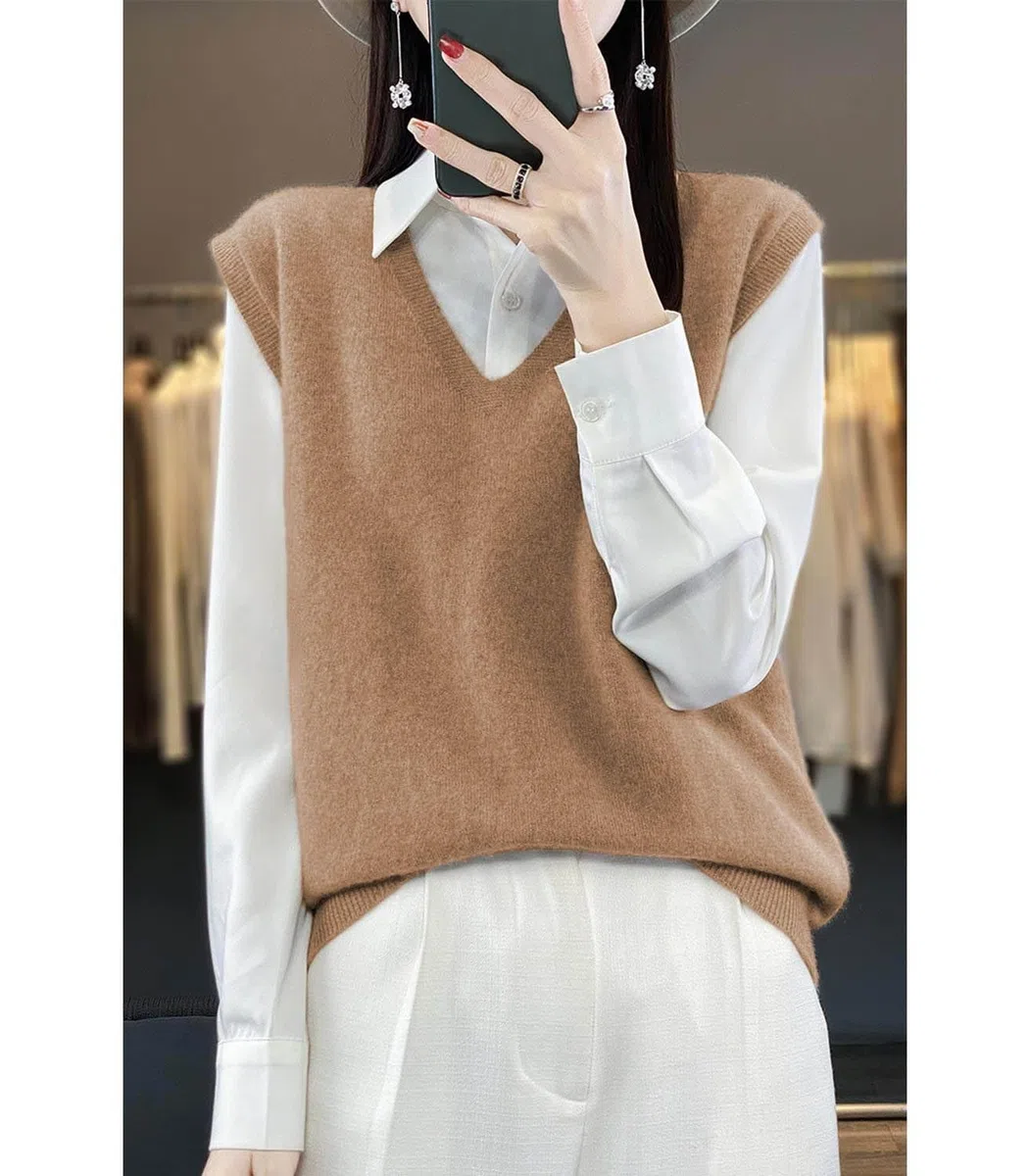 Pull en tricot à col en V pour femme, 100 % laine mérinos, léger, sans manches, gilet basique court