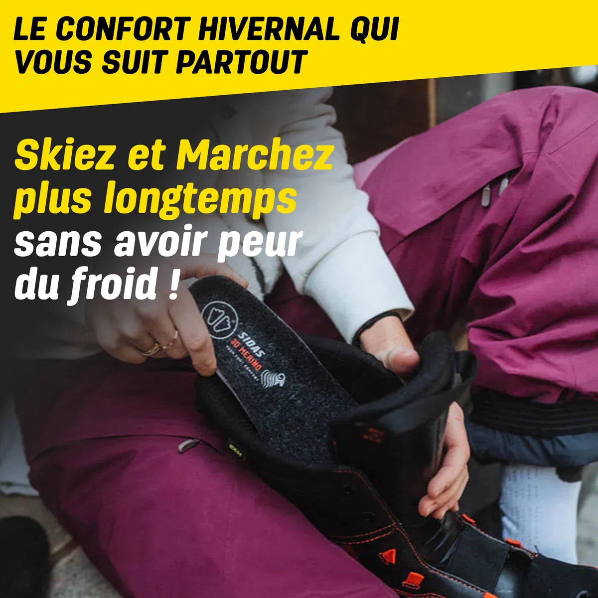 Sidas Semelles laine Merinos, Winter 3D, Pour le Ski et les Activités hivernales, Semelles Isolantes et Confort, Garder les pieds au chaud, Stabilité du Pied avec la coque EVA, pour Homme et Femme