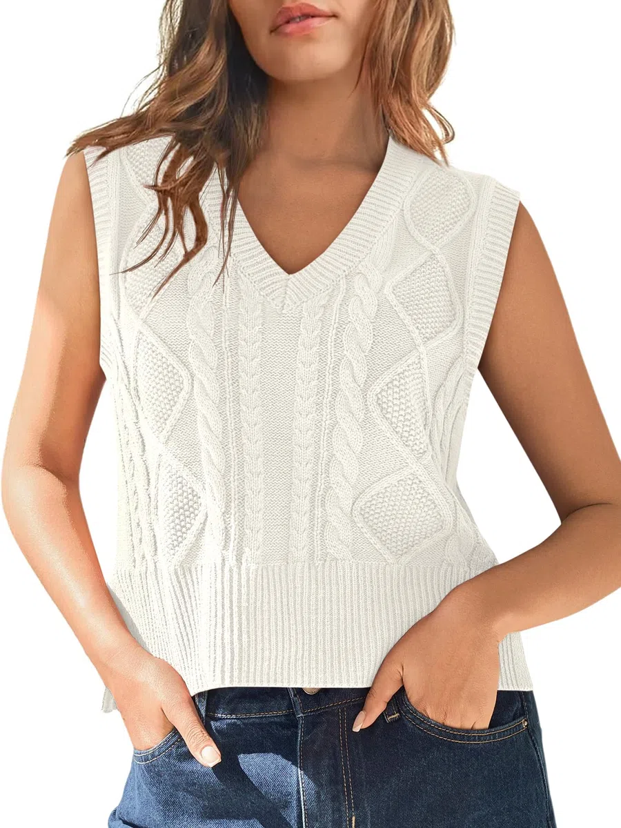 Tongmingyun Pull sans manches pour femme - Col en V - Tricot basique - Couleur unie - Pour le travail et les loisirs