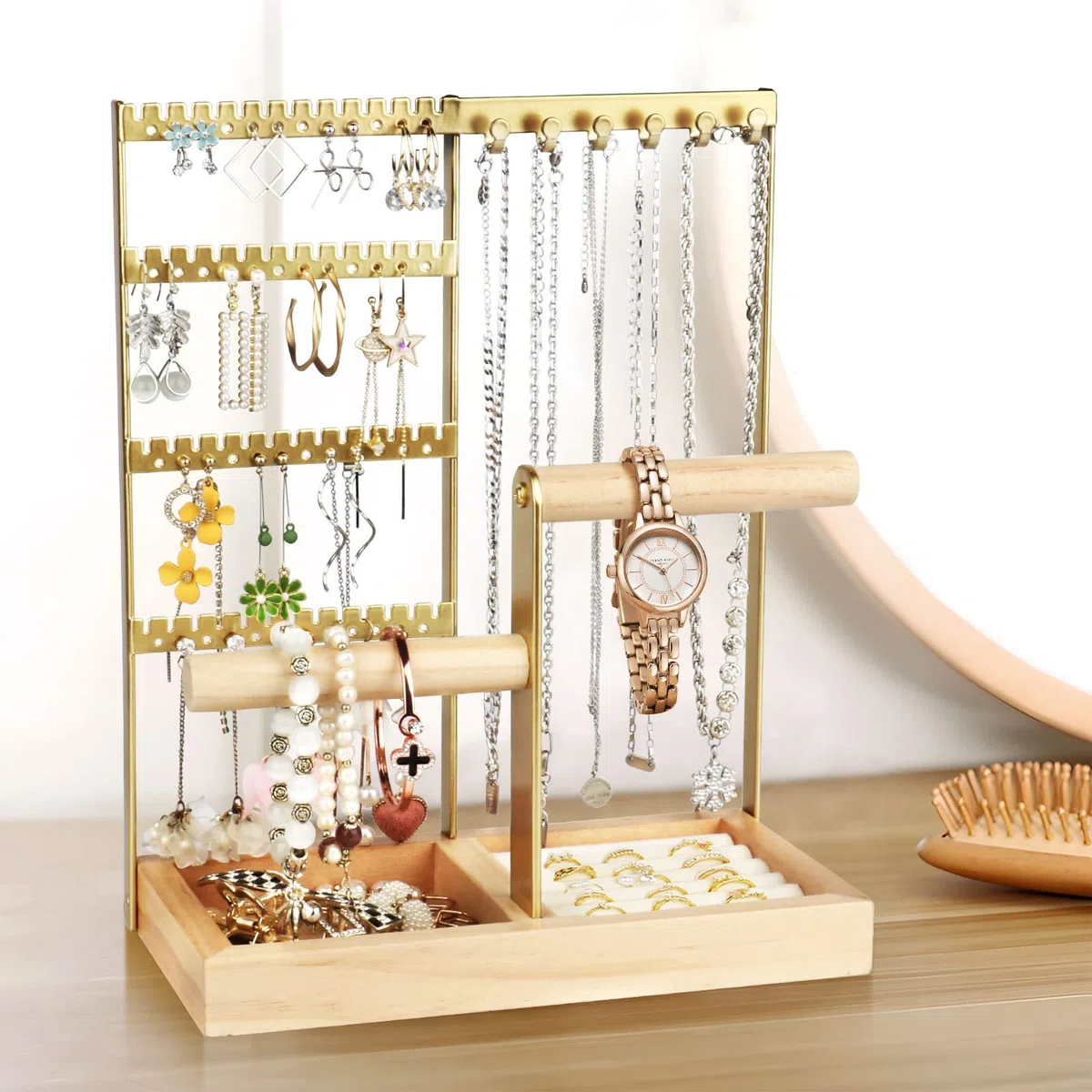 Présentoir à bijoux, Porte-bijoux multicouche pour colliers, crochets pour boucles d'oreilles, rangement pour bagues, boucles d'oreilles, bracelets, montres et accessoires (Or)
