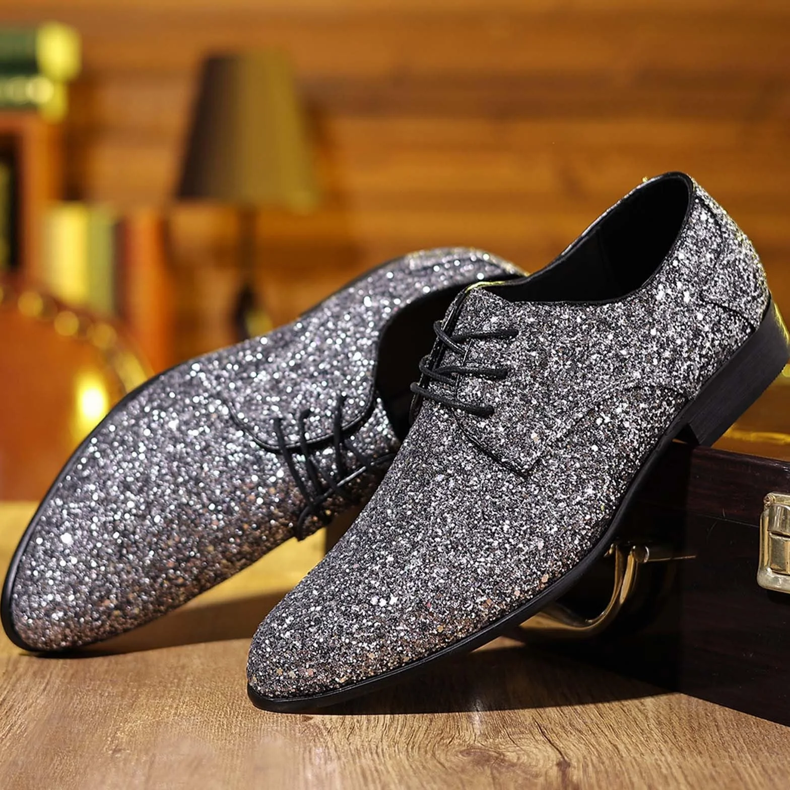 Chaussure Homme Ville en Paillettes Brillante, Chaussures Oxfords pour Hommes à Lacets, Bout Pointu, Richelieu Derbies Homme, Chaussure Costume Élégant | pour Soirée, Mariage, Cérémonie, Fête et Scène