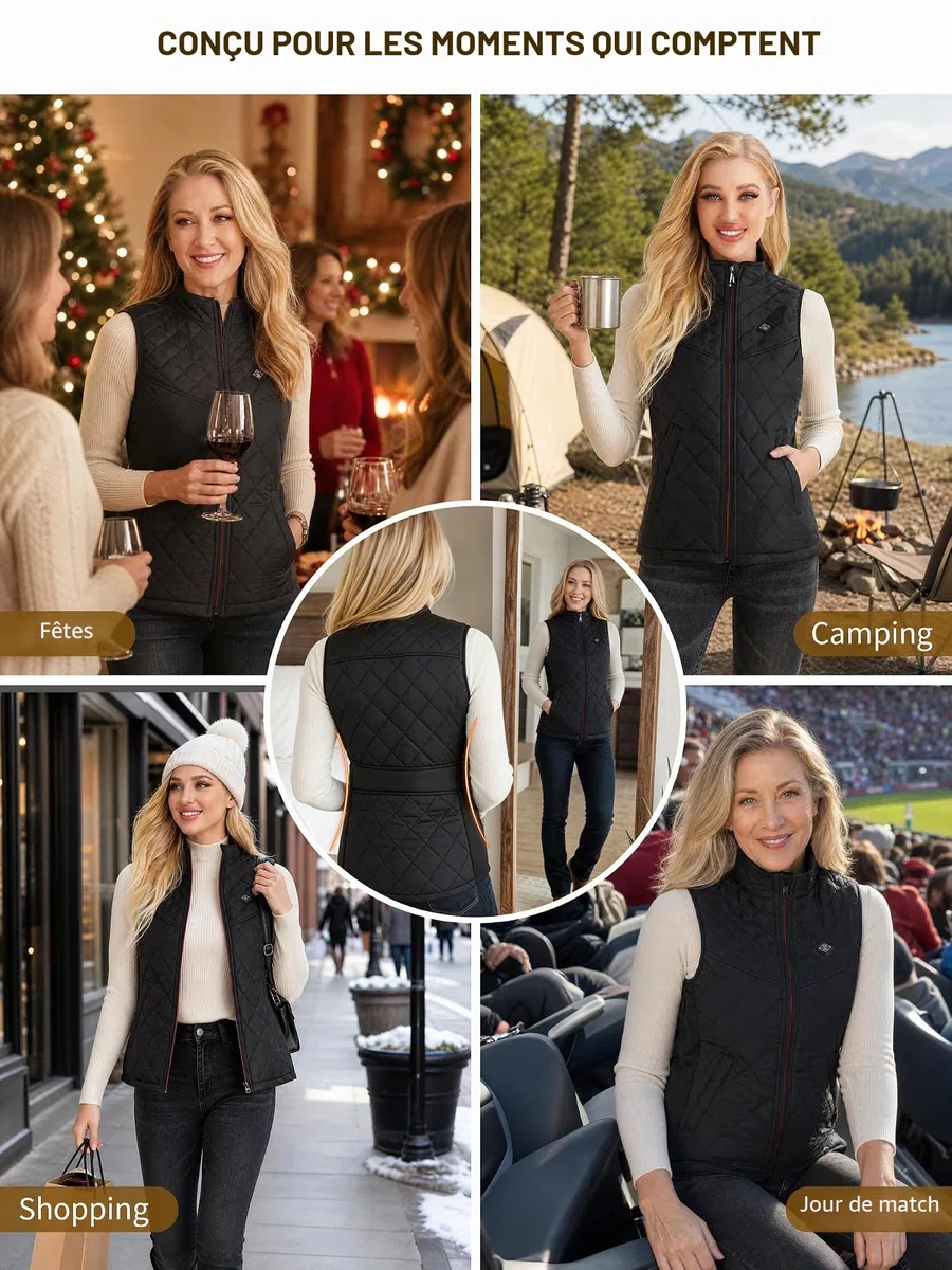 Gilet Chauffant Femme, Veste Chauffante avec Batterie, Électrique Gilet Chauffé avec 5 Zones de Chauffage,3 Niveaux de Température pour Ski en Plein air Randonnée Camping