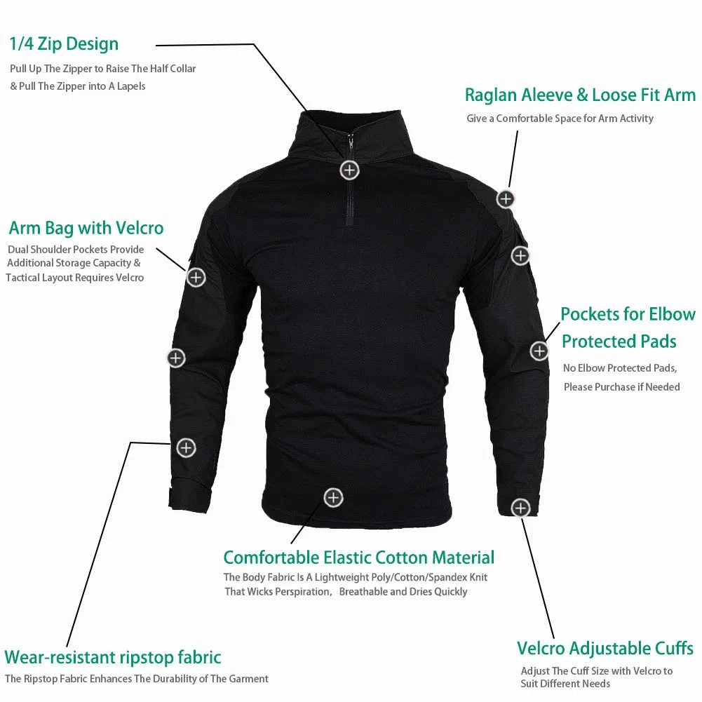 Hommes Tactique Combat T-Shirt, Ripstop Respirant Chemise pour la Chasse Militaire Airsoft