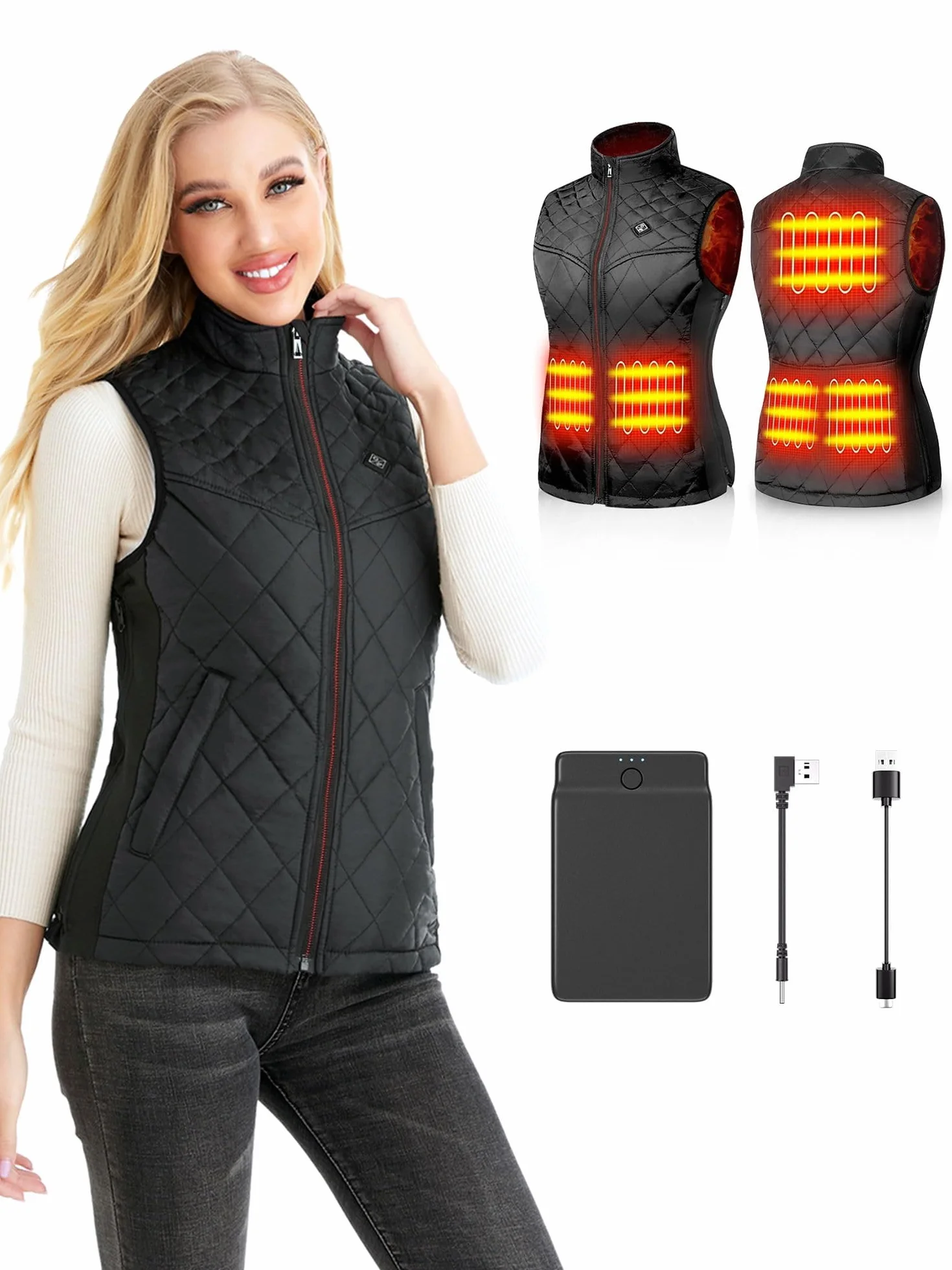Gilet Chauffant Femme, Veste Chauffante avec Batterie, Électrique Gilet Chauffé avec 5 Zones de Chauffage,3 Niveaux de Température pour Ski en Plein air Randonnée Camping