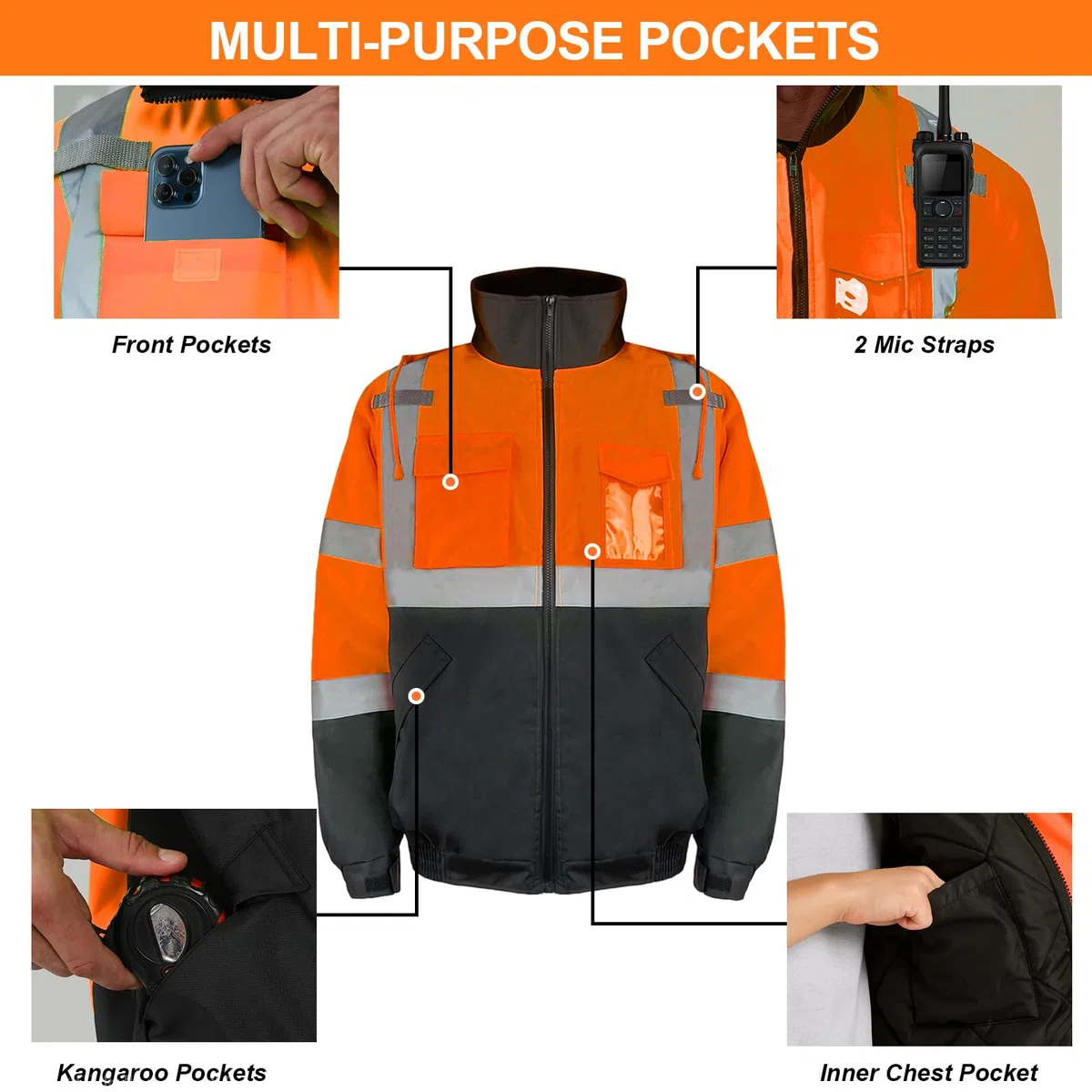 HYCOPROT Veste de Sécurité pour Hommes Veste Bomber Réfléchissante Haute Visibilité Vestes de Pluie Avec Poches de Travail Imperméables Gilets de Sécurité pour Temps Froid Normes EN ISO 20471