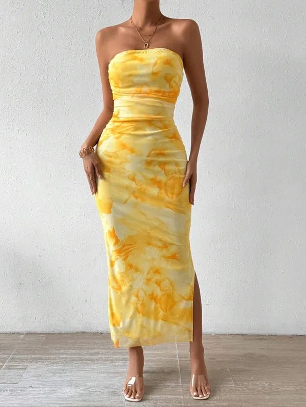 Robe Femme Sexy sans Bretelles Imprimé Tie Dye Robes Longue Tube sans Manches Elégant Robe Moulante D'éte Dos Nu Maxi Robes Fendue Casual Bodycon Prom Dress de Soirée Cocktail Clubbing Fête