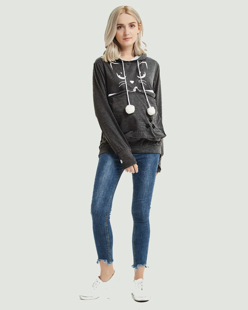 Femme Sweat à Capuche avec Poche pour Chat - Super Confortable Casual Sweatshirt Hoodie Manches Longues Lâche Pull à Capuche pour Automne Hiver Tops