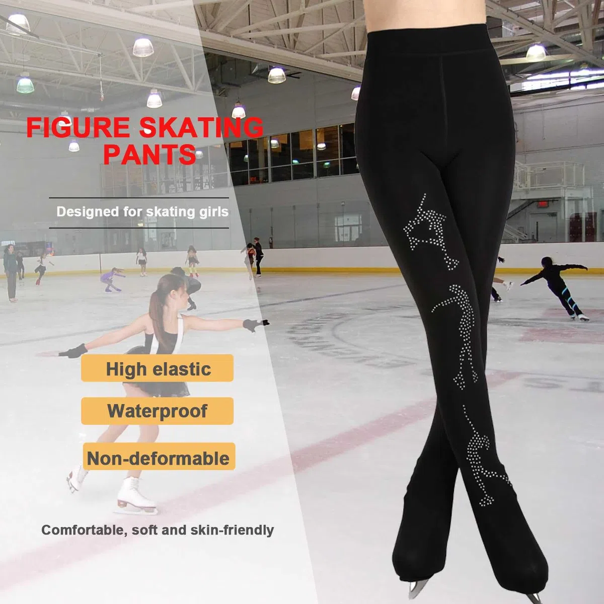 Pantalon de Patinage Artistique Brillants pour Enfant et Adulte, Legging Collants avec Doublure Polaire, avec Double Boucles et Cristal Scintillant