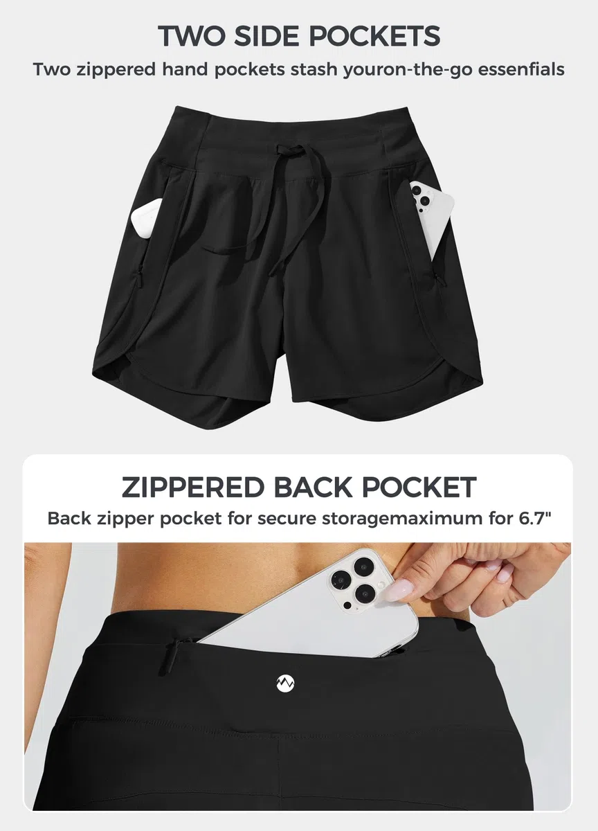WILLIT Short de course athlétique pour femme de 12,7 cm - Long short d'entraînement - Short de randonnée - Course à pied - Short actif à séchage rapide - Taille haute - Poche zippée