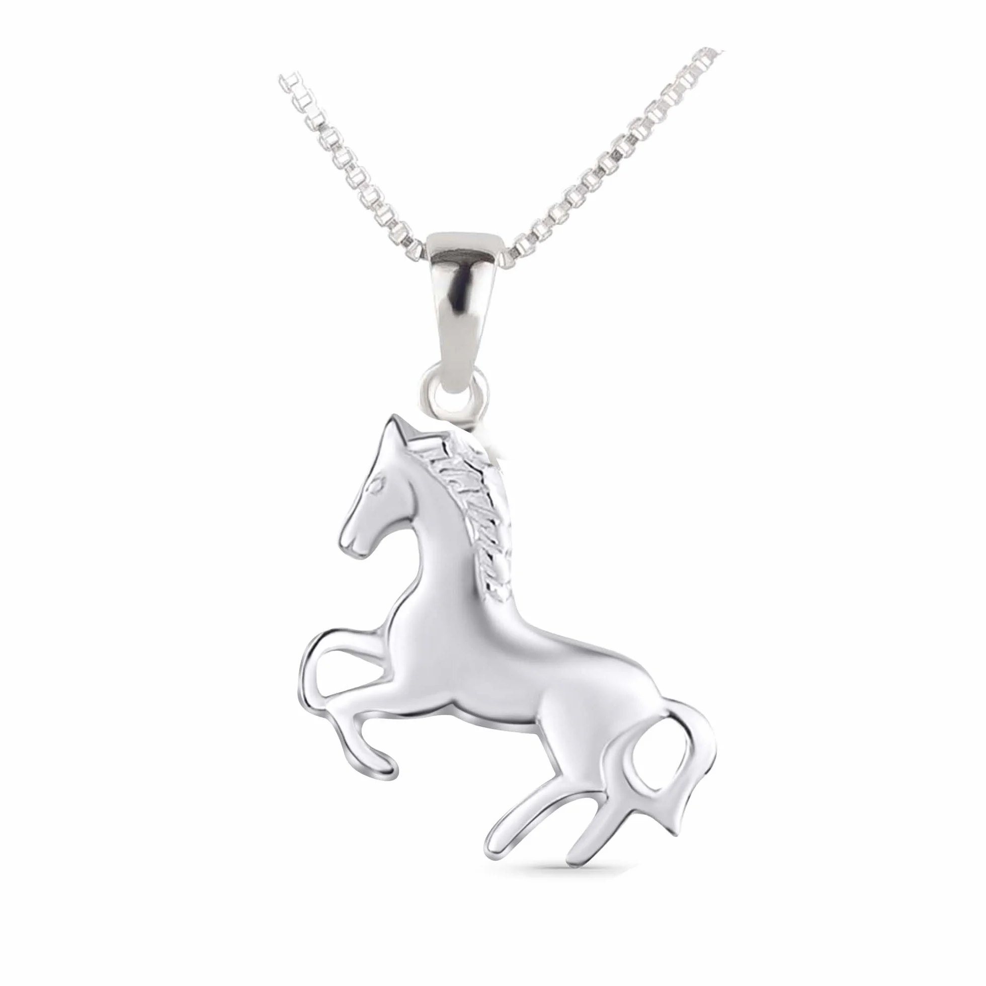 Pendentif avec chaîne et boucles d'oreilles pour enfant en argent 925 - Cheval poney - Dans un étui à bijoux