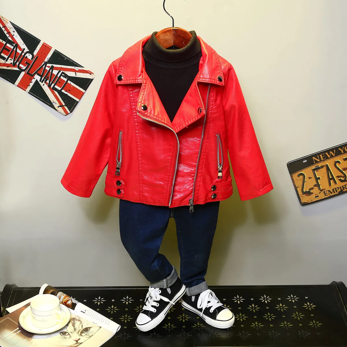 Veste de motard en cuir synthétique avec rivets pour enfants de 3 à 12 ans
