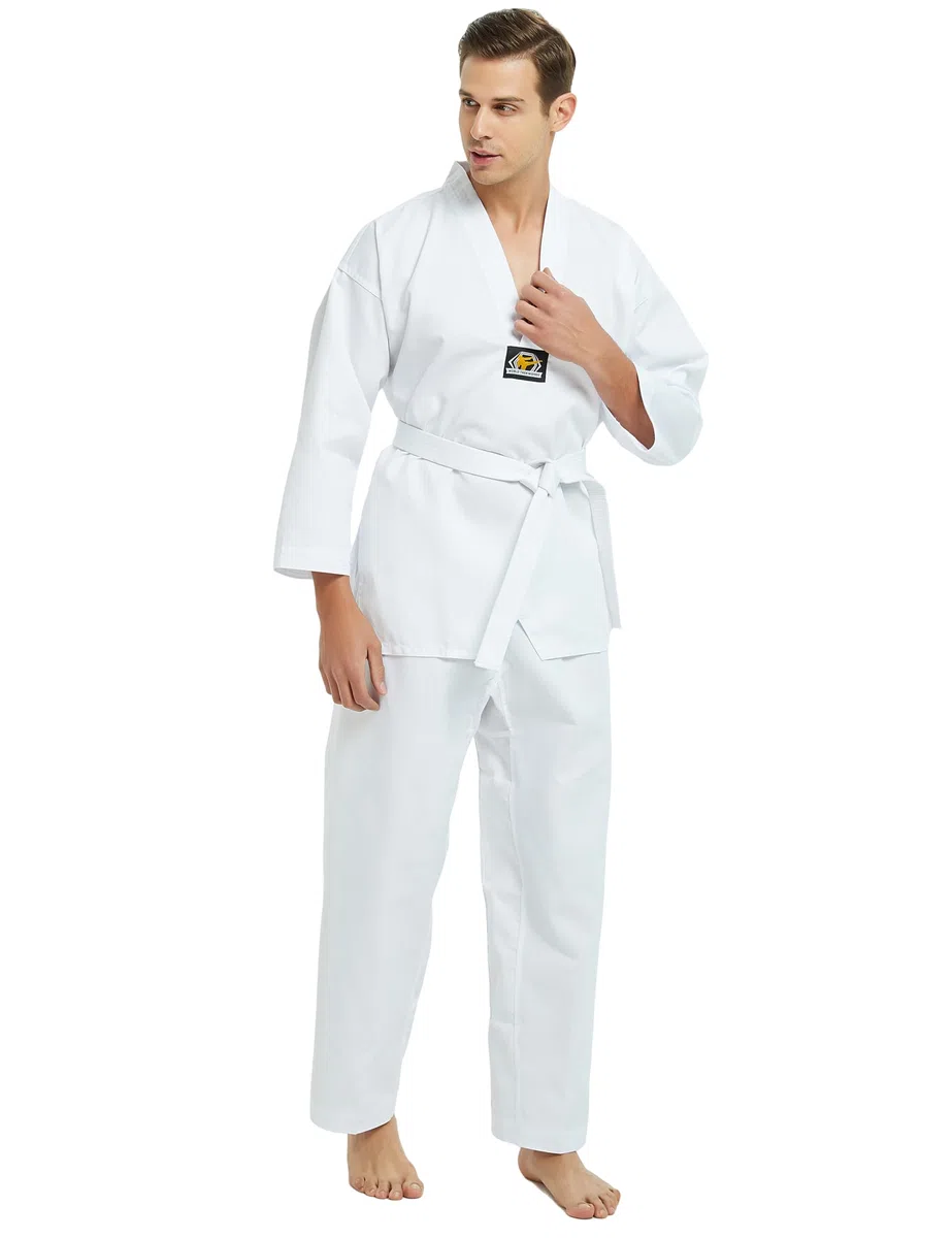 TOPTIE Uniforme de Taekwondo à col en V pour Enfants et Adultes, Uniforme d'étudiant TKD Dobok, Uniforme d'arts Martiaux avec Ceinture