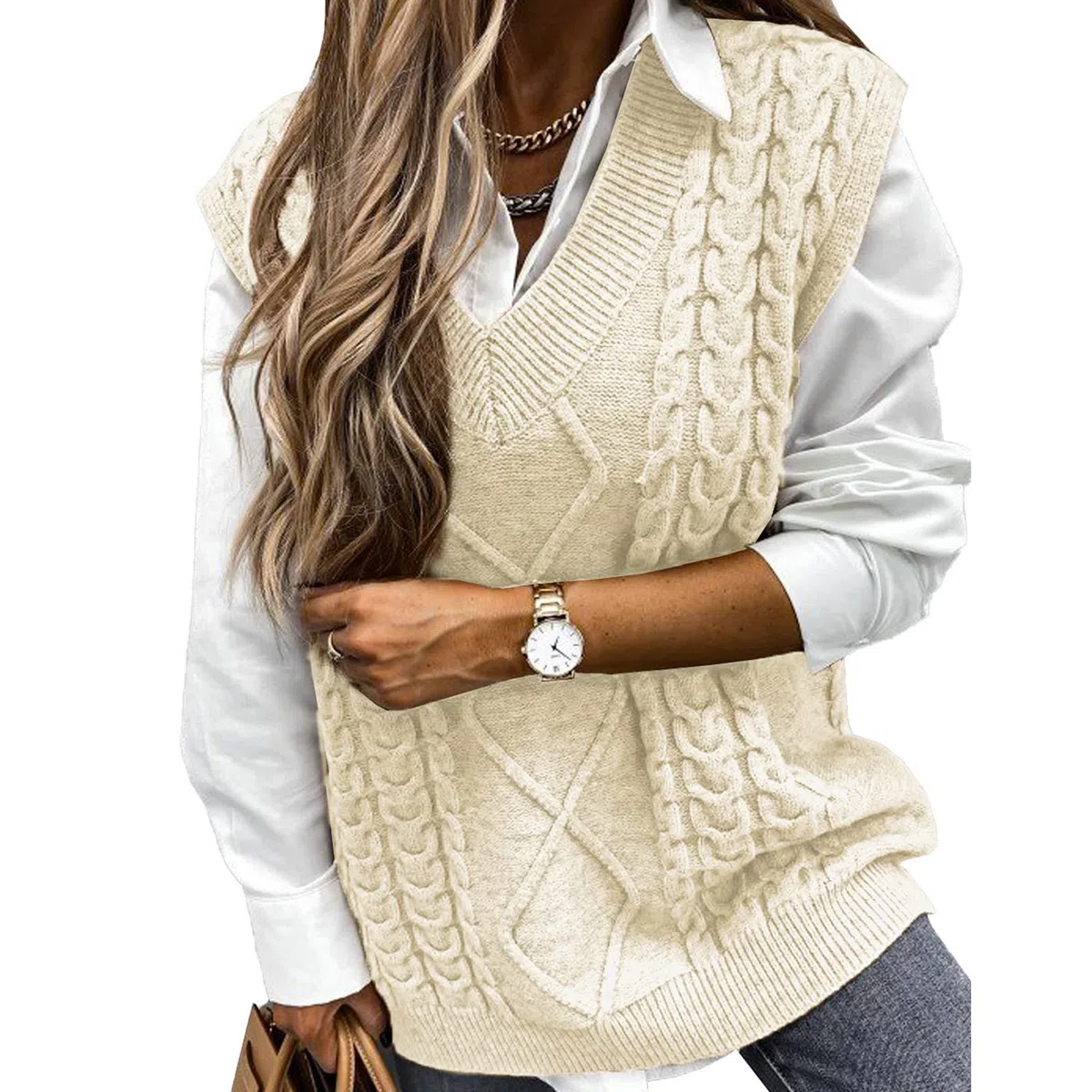Voqeen Pull Femme Gilet en Tricot sans Manches Blouson Col V Pullover Chandail Chaud Bureau Tops Automne Hiver Veste Sweater Simple Cadeaux de Noël La Saint-Valentin Anniversaire