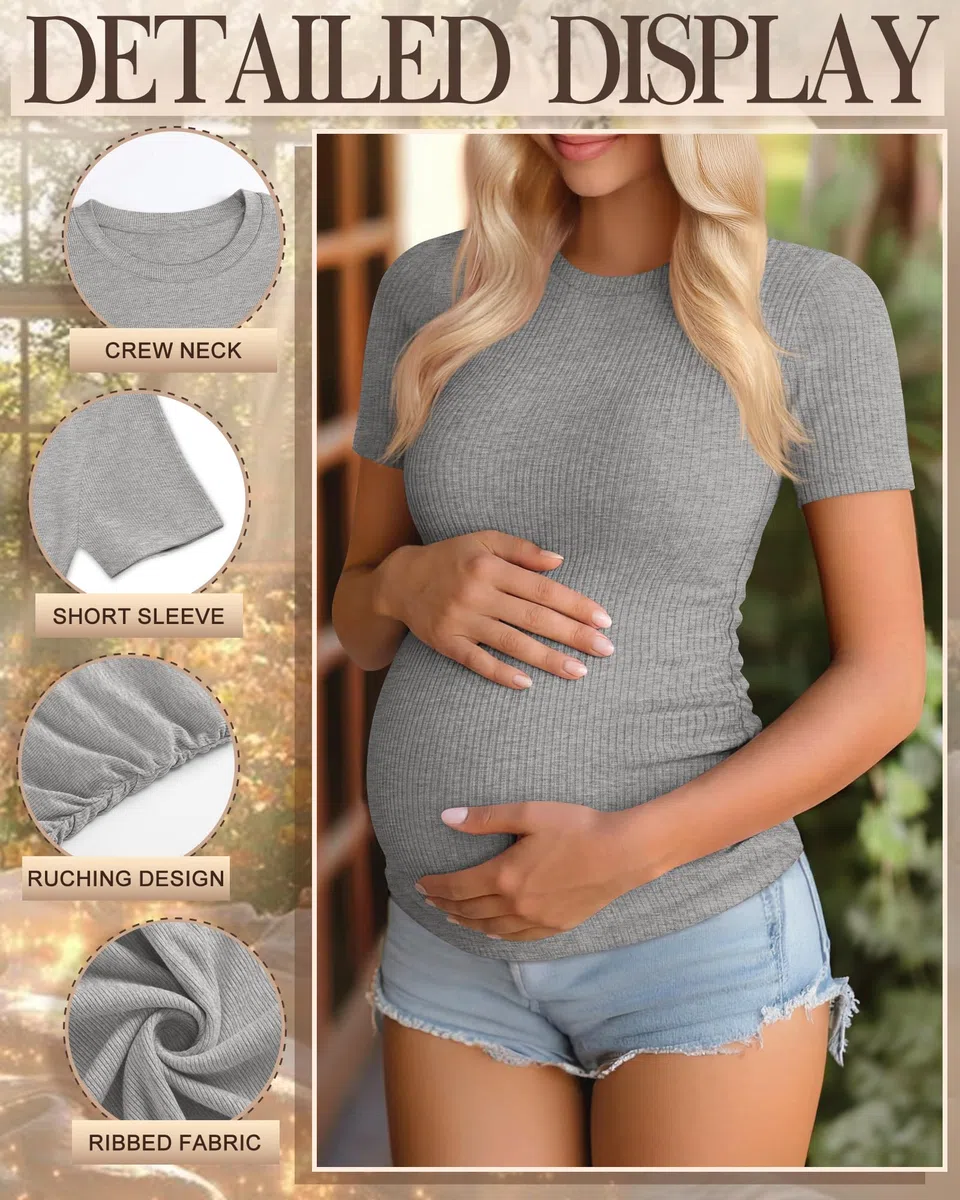Ficerd Pack de 3 Chemises de Grossesse en Coton, Manches Courtes, Plissé Latéral, Tissu Rayé