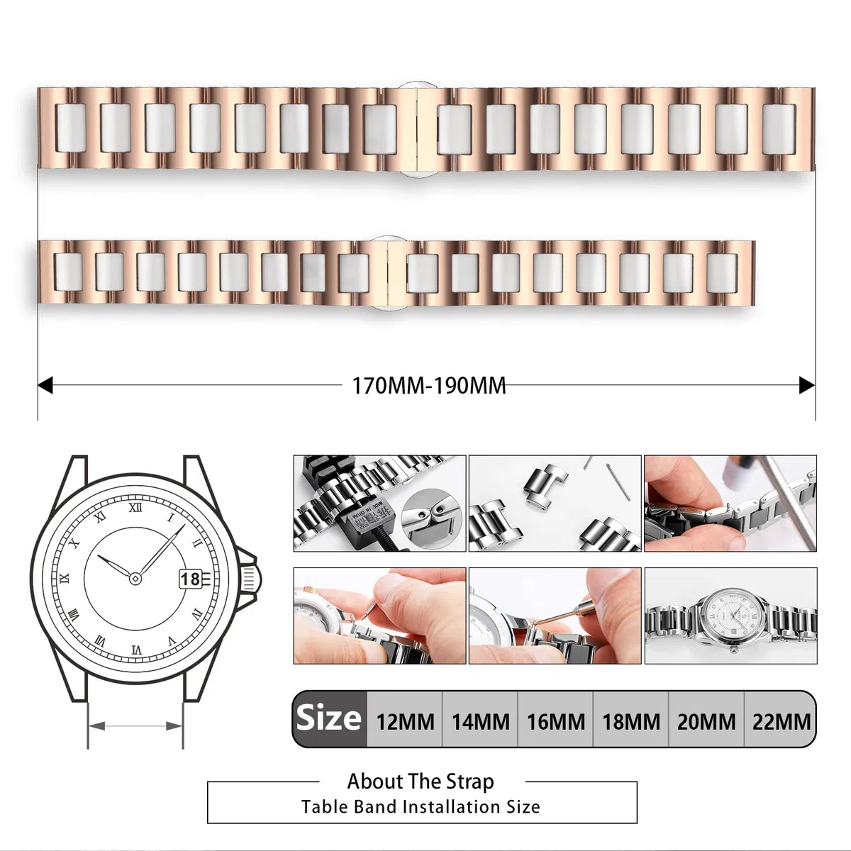 BINLUN Bracelet de Montre en Céramique avec en Acier Inoxydable Poli 12mm/14mm/16mm/18mm/20mm/22mm avec Boucle Papillon