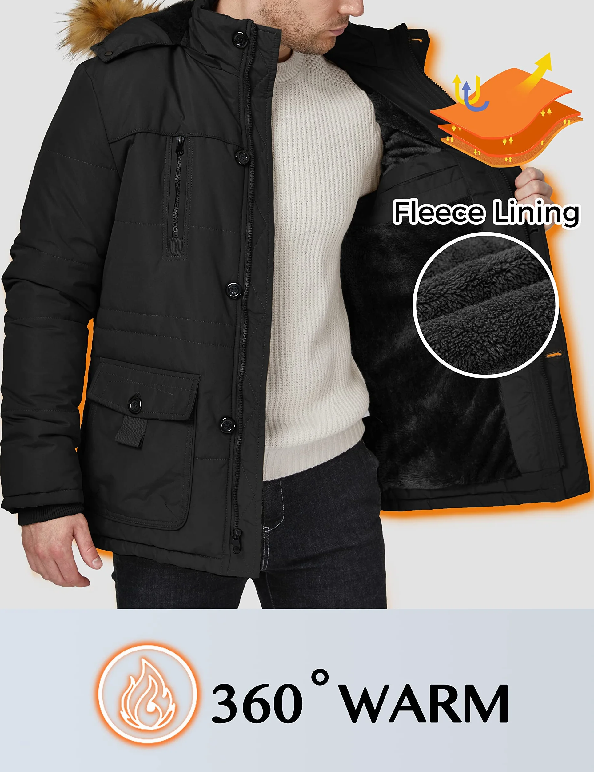 WenVen Homme Manteau d'hiver Décontracté en Molleton Veste d'Extérieur Classique en Coton Manteau à Capuche Fausse Fourrure Parka Coupe-Vent