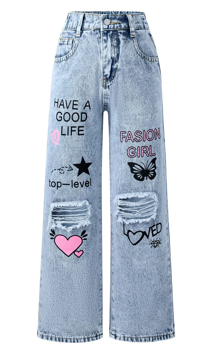 SEAUR Jeans Déchirés pour Filles Taille Haute Denim Jeans Y2K élastique Baggy Casual Ados Fille 5-14 Ans Trousers Pants