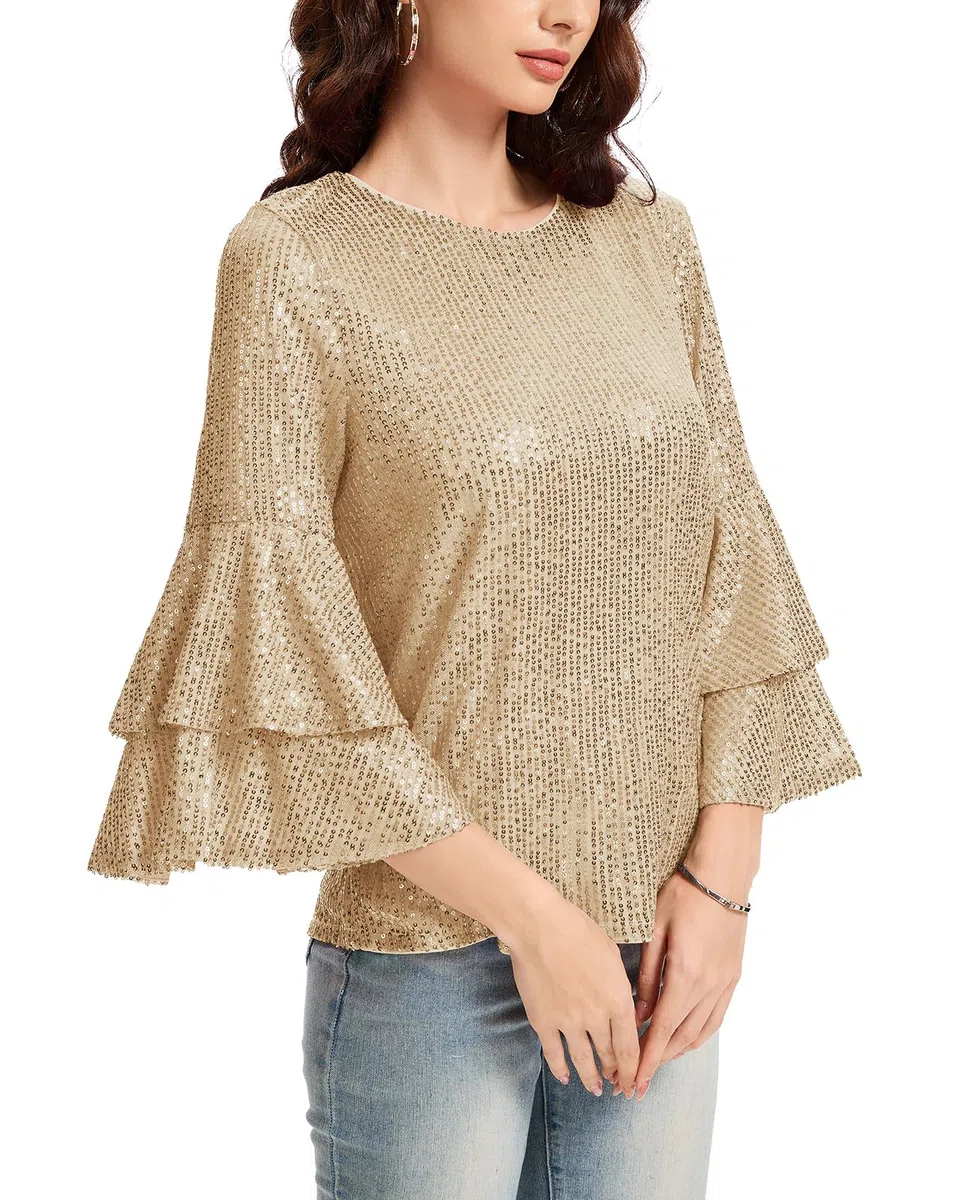 Haut à paillettes pour femme - Manches longues - Col rond - Pour les loisirs, les fêtes, les festivals