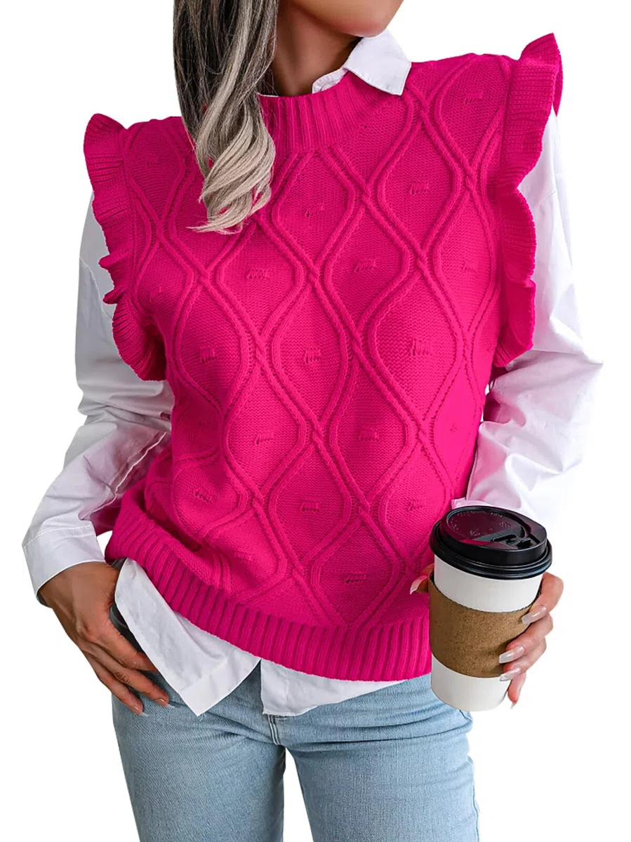 FEOYA Pulls Tricoté sans Manche Col V pour Femme Gilet en Tricot Chaud Classique Casual Mignon Décontracté Ample Vintage Débardeur Chandail Top Tricot Hiver Automne Printemps Noel S-XXL