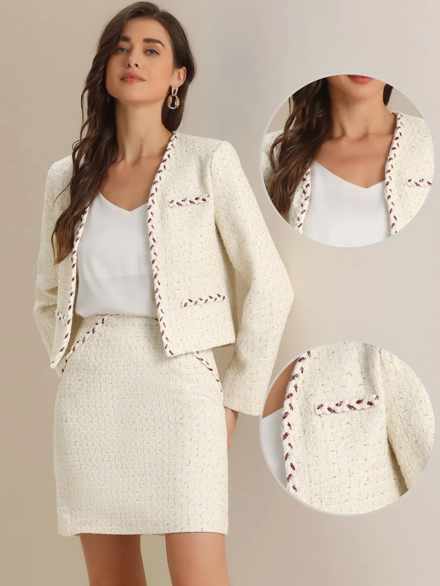 Allegra K Tenues en Tweed à Carreaux pour Femmes Ensemble Veste Blazer Courte et Jupe Ouverte sur Le Devant