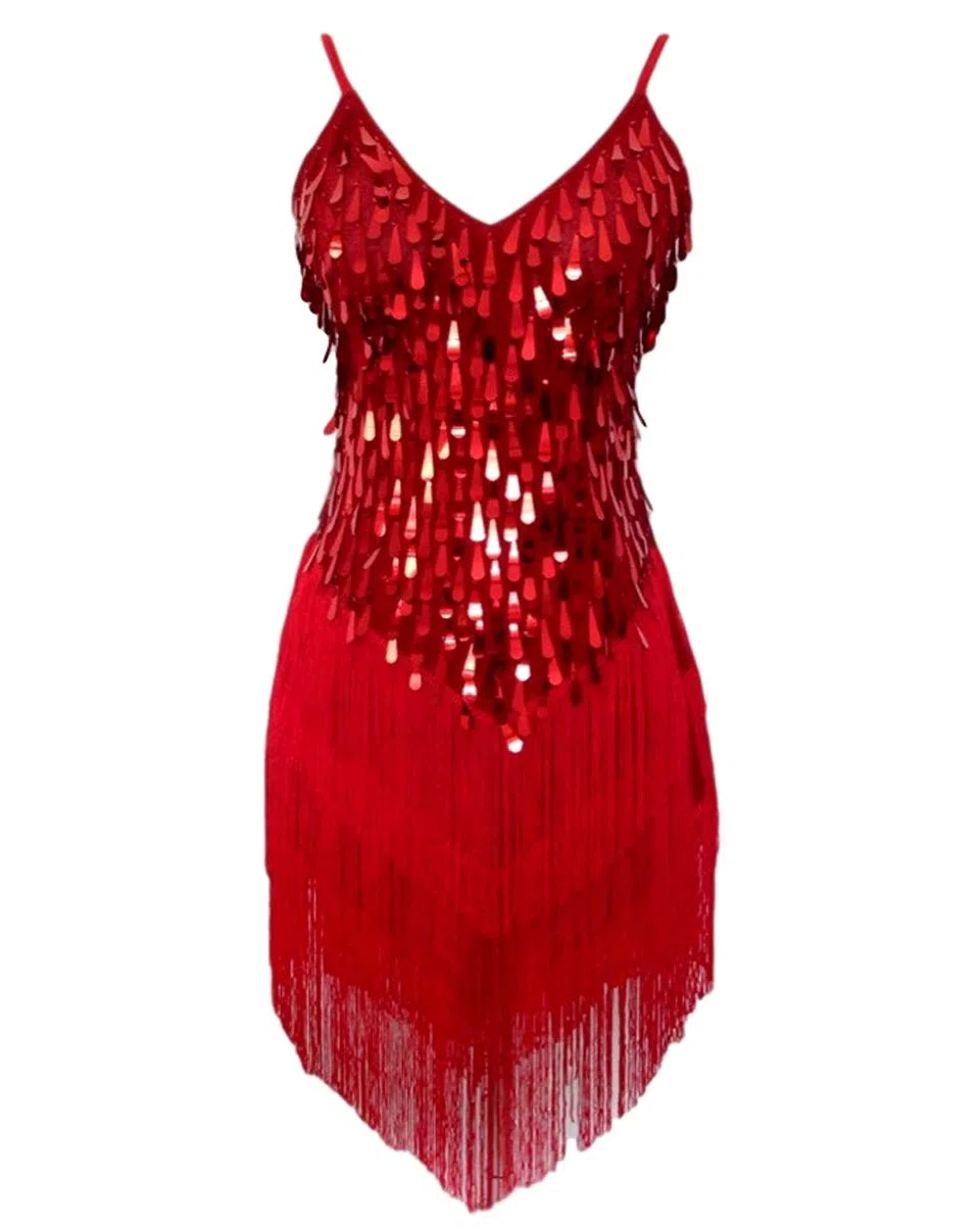 Womens Flapper Gatsby Sequin Tassel Ballroom Dance Sling Skirt Cyan Blue/Red/White Latin Salsa Tango Samba cha cha Rumba Dress Size 32/34/36/38