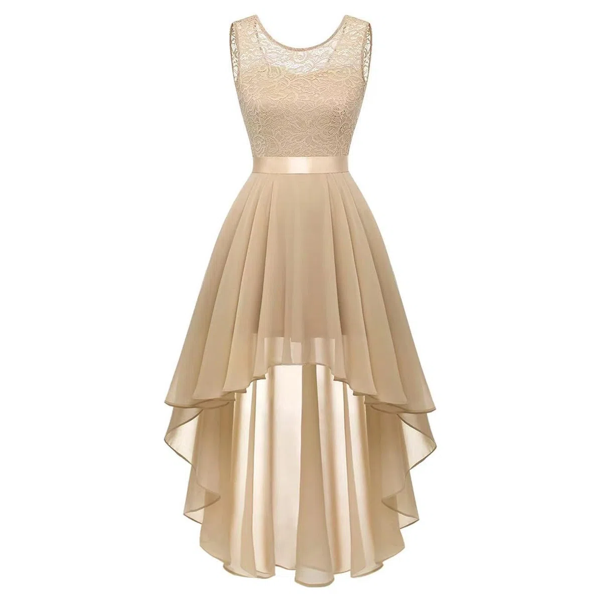 Robe de Cocktail Femme Longue Robes Soirée en Dentelle Mousseline de Soie Robes Chic Elégant sans Manches Sexy Robe Asymétrique