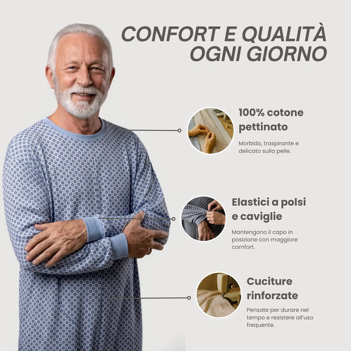 Pyjama intégral médical unisexe – Grenouillère adulte coton 100% – Pyjama dos zip seniors – Vêtements gériatriques confortables Made in Italy