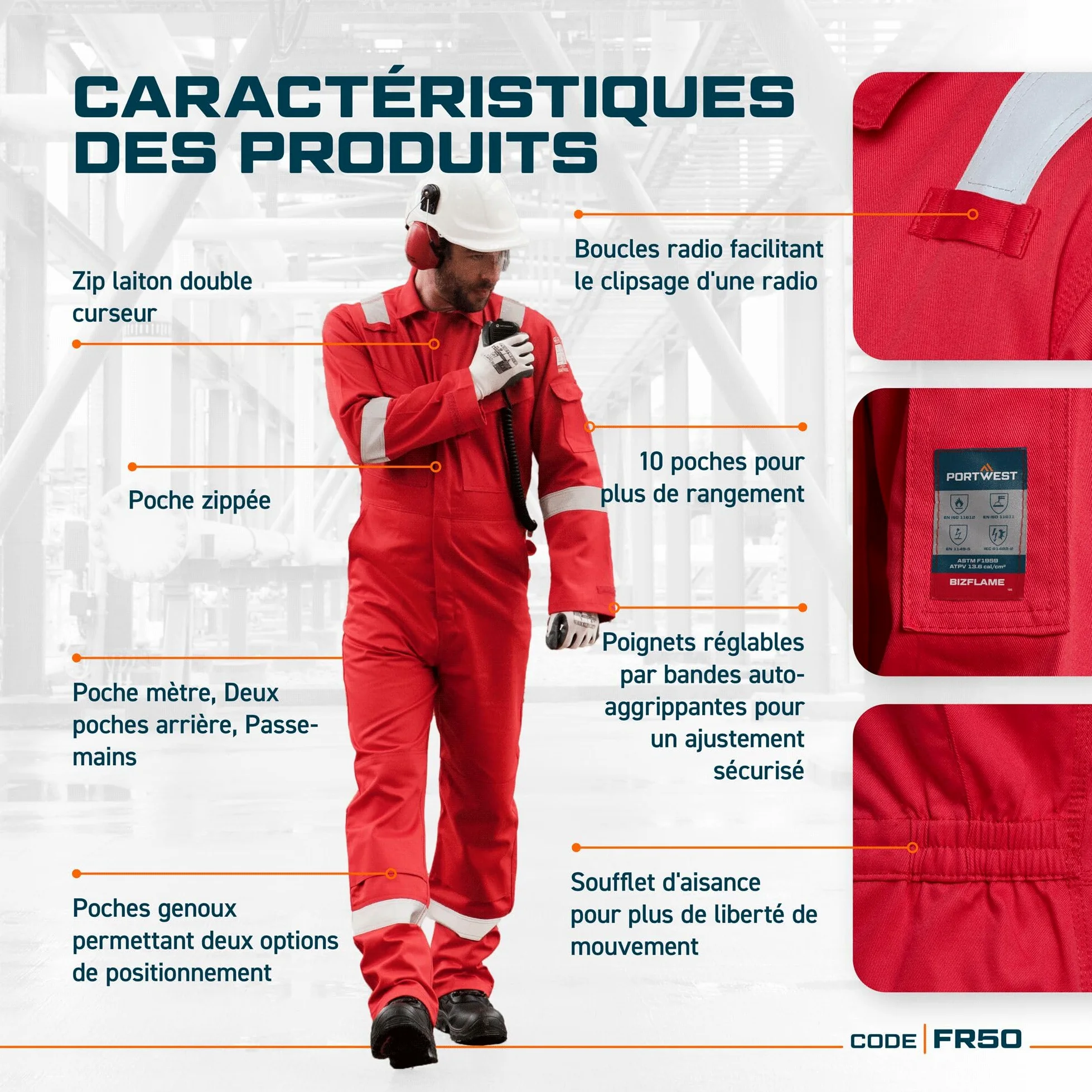 Portwest FR50 Combinaison Réfléchissante Résistante aux Flammes Antistatique et Ignifuge pour Homme avec Protection contre les Arcs Électriques 350g Noire, XXL