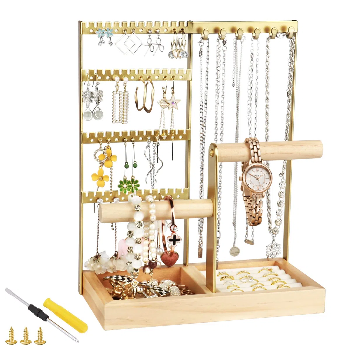 Présentoir à bijoux, Porte-bijoux multicouche pour colliers, crochets pour boucles d'oreilles, rangement pour bagues, boucles d'oreilles, bracelets, montres et accessoires (Or)