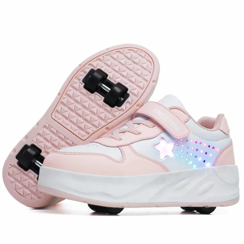 Mateju Chaussures à roulettes Enfant, Patins Baskets Étoile Brillante avec 4 roulettes Amovible pour Garçons Filles Chaussures de Skateboard Chaussures de Sport d'extérieur