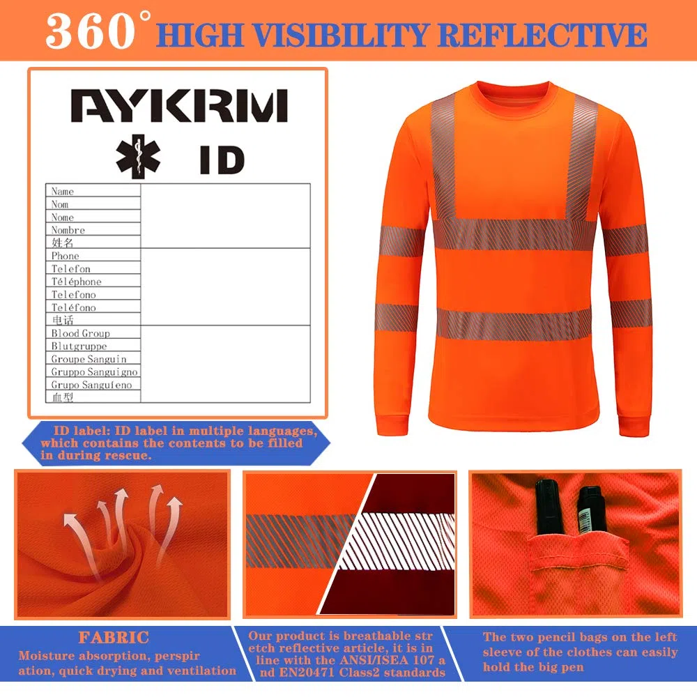 Tee Shirt de Travail microporeux Haute-visibilité T Shirt de Protection de sécurité Manches Longues avec Avertissement(XS-8XL)