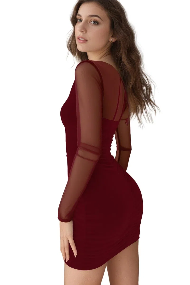 ELFIN Robe Moulante en Maille à Manches Longues pour Femme Sexy Col carré Volants Robes Crayon Mini Tube de Club Dress Cocktail