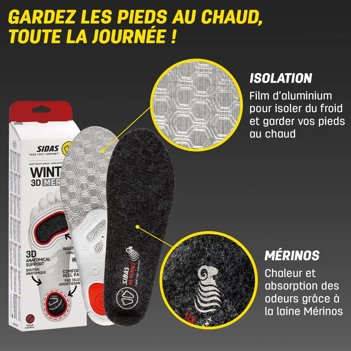 Sidas Semelles laine Merinos, Winter 3D, Pour le Ski et les Activités hivernales, Semelles Isolantes et Confort, Garder les pieds au chaud, Stabilité du Pied avec la coque EVA, pour Homme et Femme