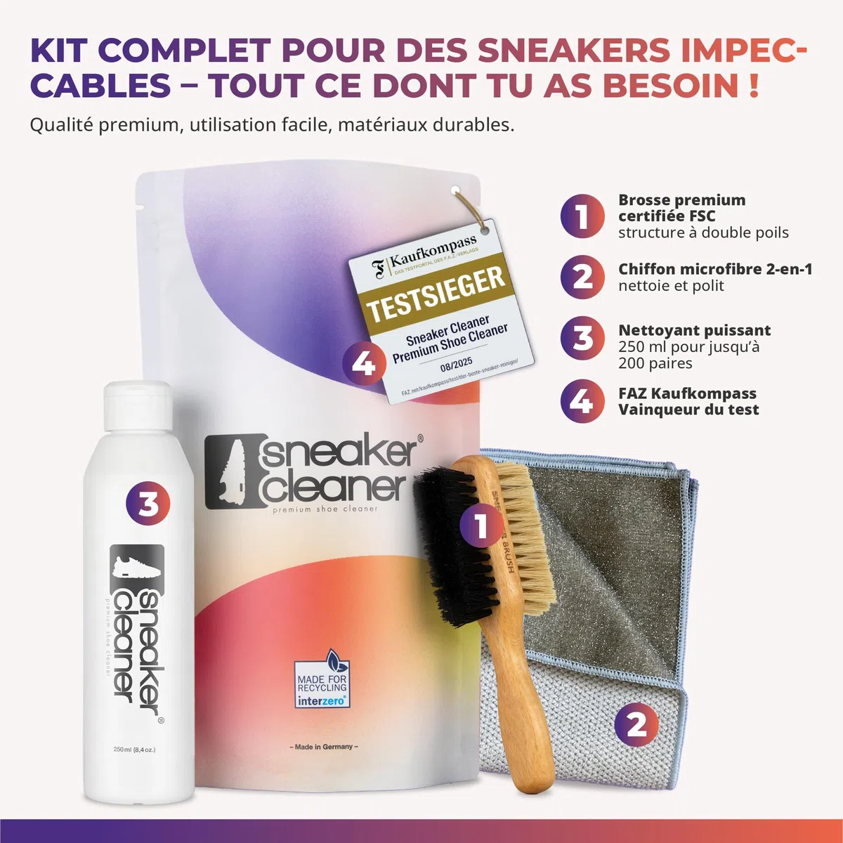 Kit Premium Nettoyage Sneakers 3 pièces | Avec brosse en bois et chiffon microfibre. Pour baskets, daim, nubuck et mesh. Nettoyage efficace et soin tout en douceur.