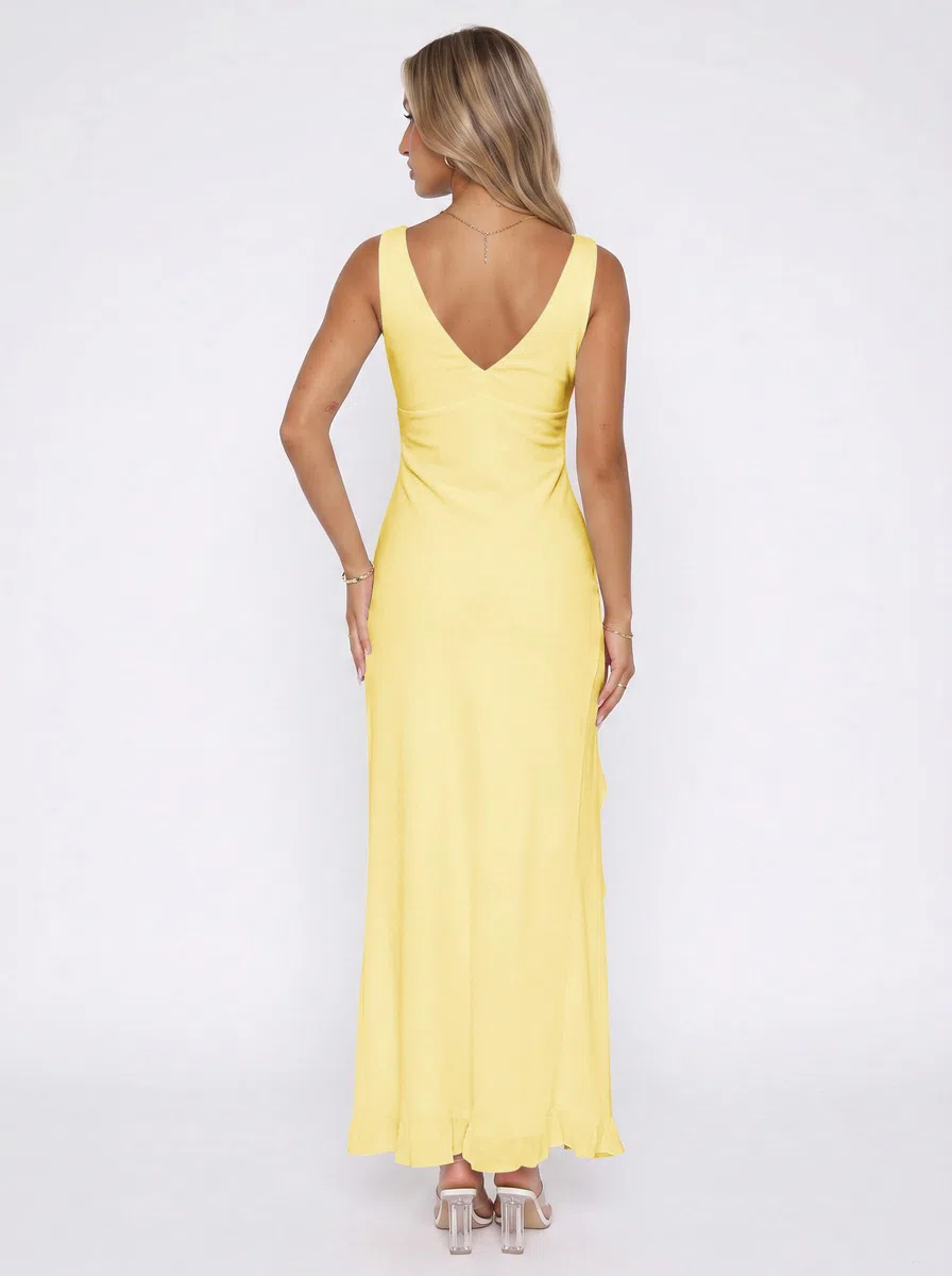 Robe Femme Chic et Elegant sans Manches Col V Maxi Robes en Maille Sexy Robe Longue Moulante d'Été avec Fente et Volants Casual Dos Nu Robes de Soiree Cérémonie Mariage Invité Cocktail Bal