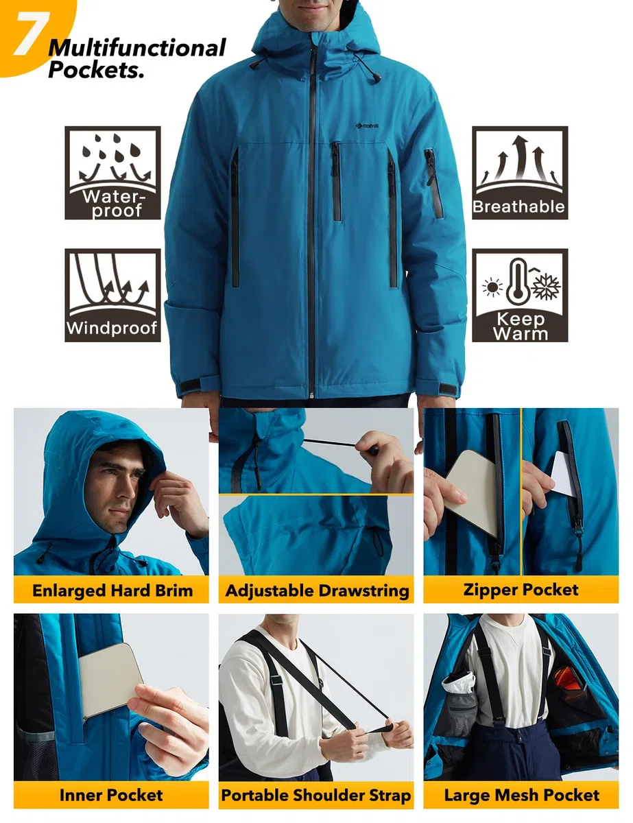 GEMYSE Veste de Ski Homme Chaude Imperméable Coupe-Vent Manteau avec Capuche Idéale pour la Montagne et la Randonnée en Hiver