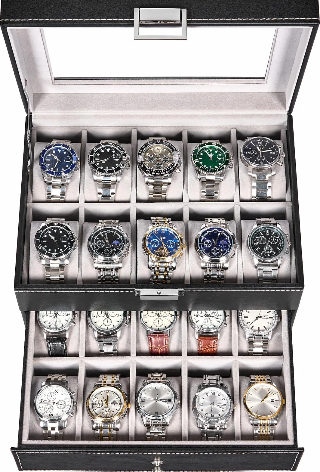 BEWISHOME Boîte de Montre 20 Compartiments, Boite Rangement Montre Homme, Charnière en Métal Noir Cuir PU Verre Haut Grand Support SSH04B