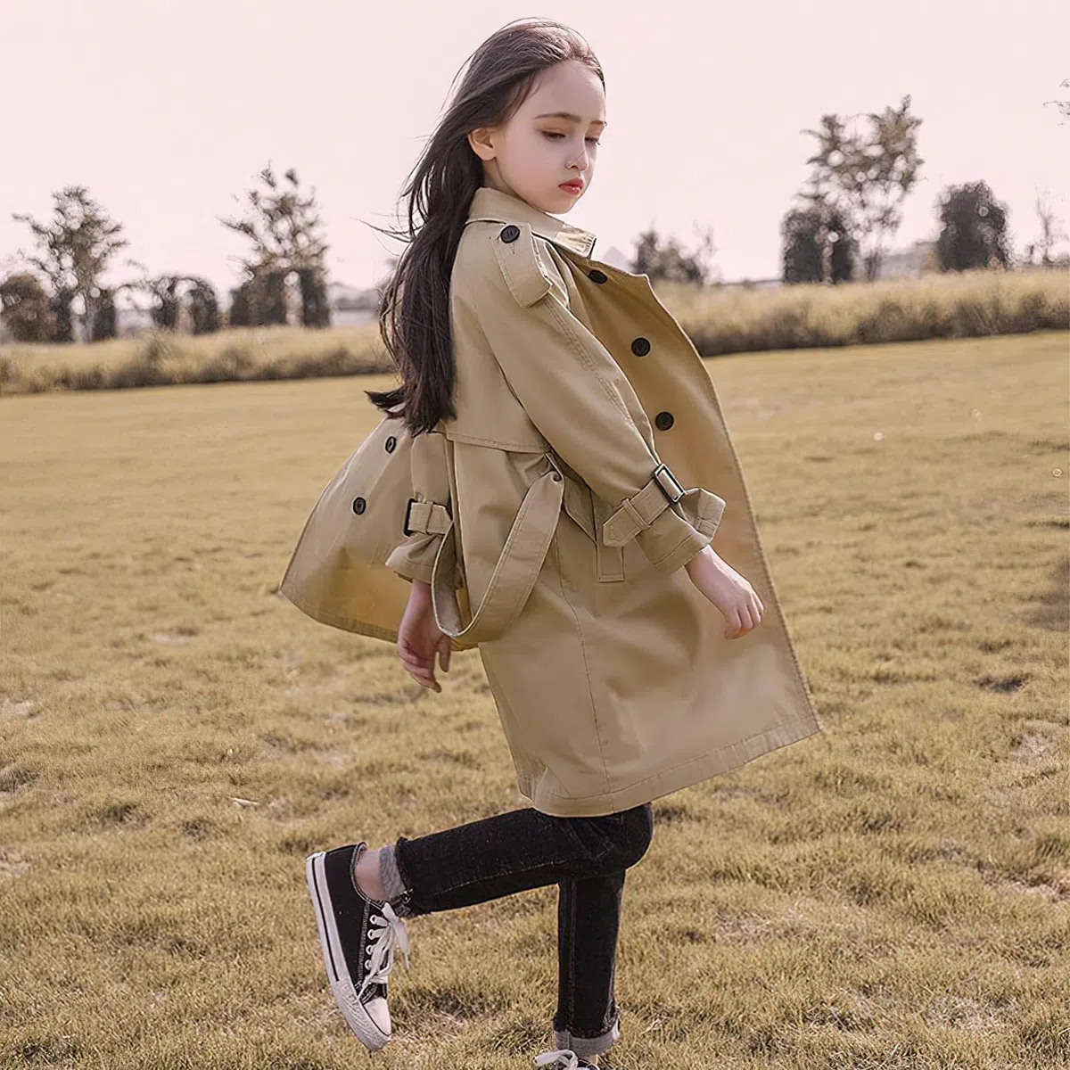 amropi Filles Trench-Coat Coton Automne Veste Single Breasted Trench Manteau pour 4-17 Ans