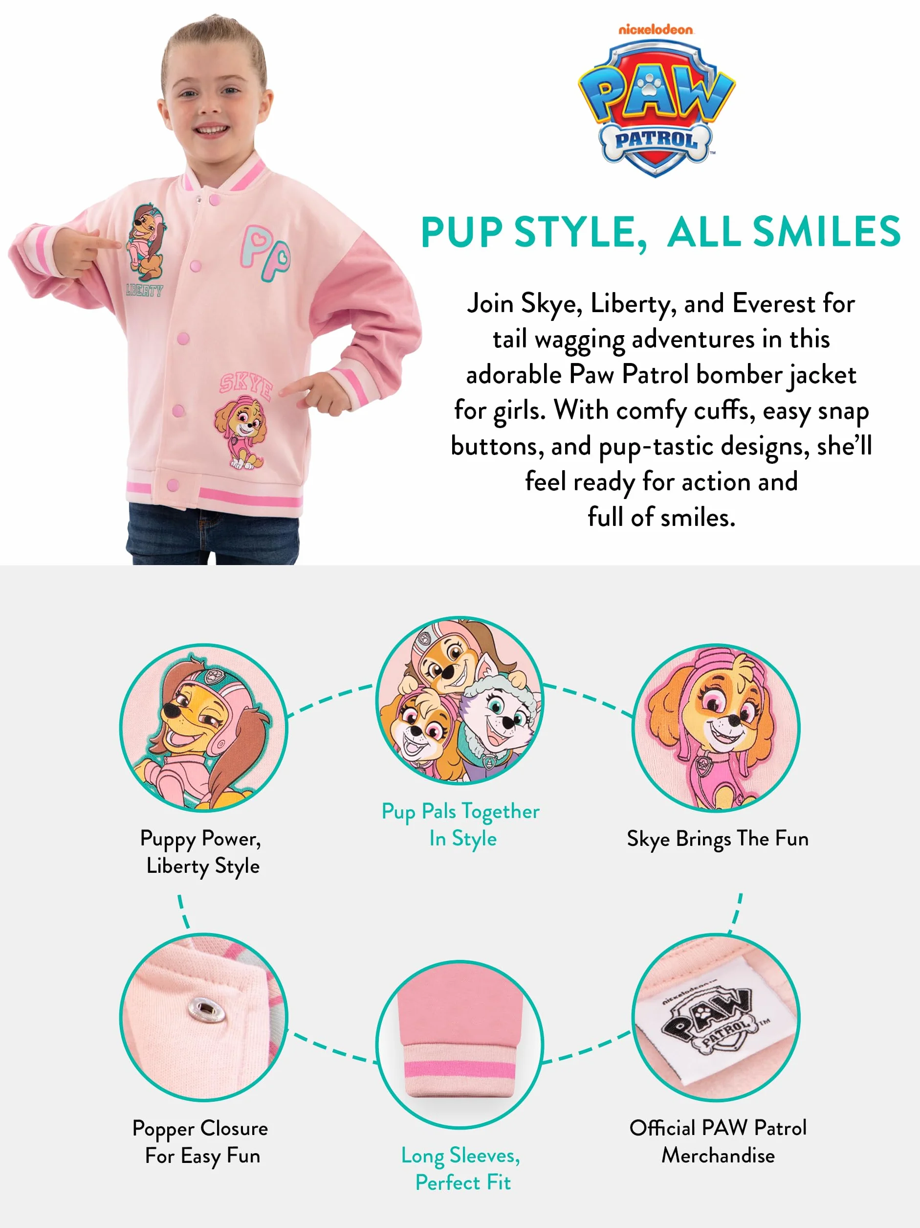 Blouson aviateur Pat'Patrouille, Veste Universitaire Everest Et Skye Pour Filles, Veste En Coton Filles