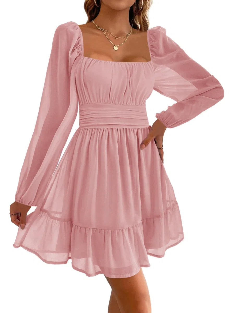 Imily Bela Robe de soirée pour femme - Col carré - Mini robe en maille - Taille haute - Plissée - Manches longues - Invité de mariage - Avec volants