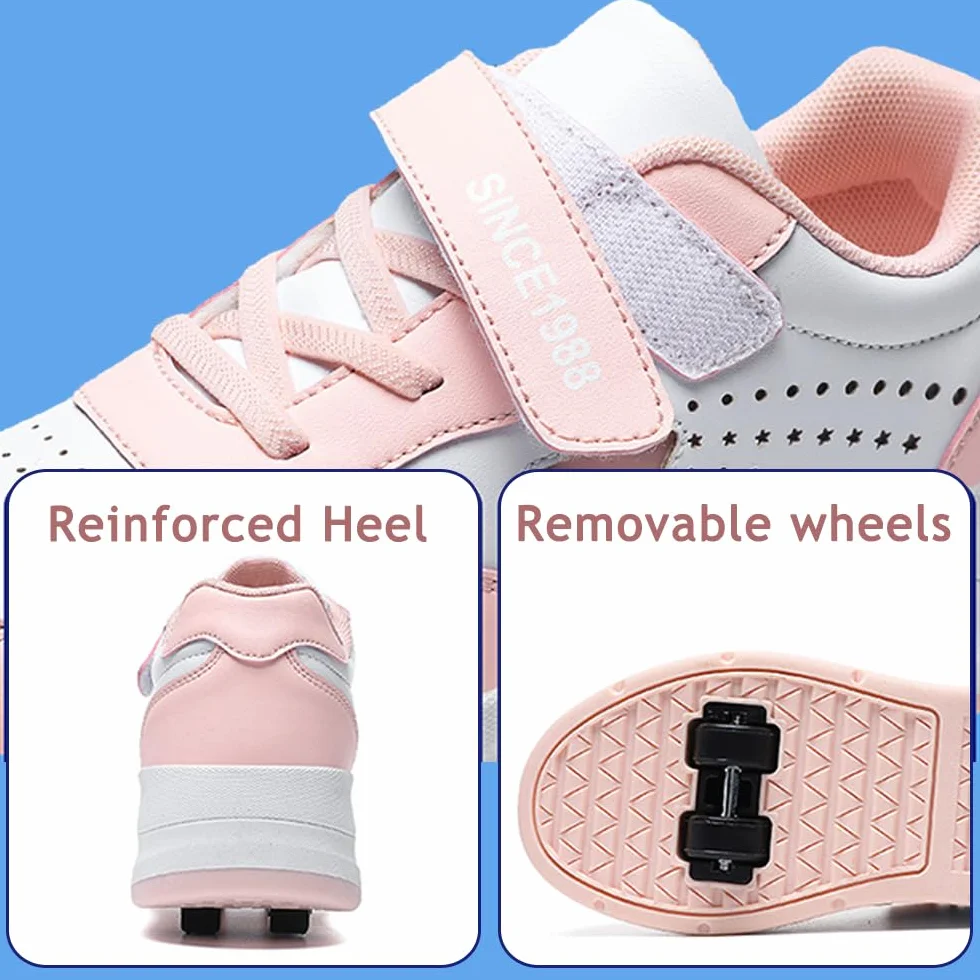 Mateju Chaussures à roulettes Enfant, Patins Baskets Étoile Brillante avec 4 roulettes Amovible pour Garçons Filles Chaussures de Skateboard Chaussures de Sport d'extérieur
